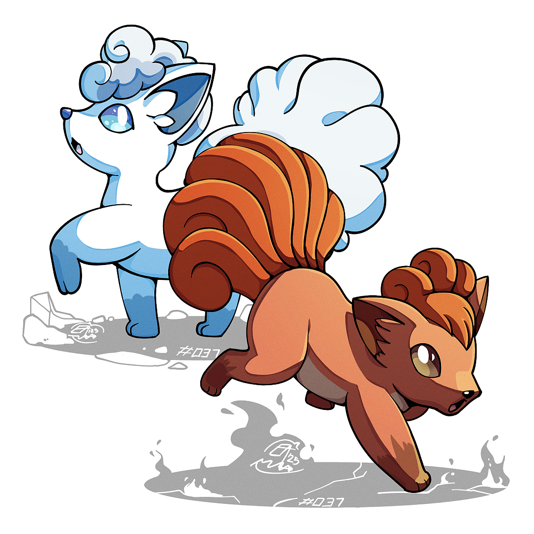 mistray-art, alolan vulpix, vulpix, nintendo, pokemon, commentary, english commentary, alolan form, blue eyes, brown eyes, brown fur, extra tails, fox, full body, gen 1 pokemon, gen 7 pokemon, no humans, open mouth, pokemon (creature), regional and normal, signature, simple background, tail, white background, white fur
