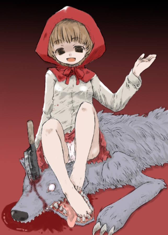 little red riding hood (fairy tale), animal cruelty, barefoot, blood, brown eyes, brown hair, clothes lift, flat chest, good end, guro, happy, hood, knife, loli, panties, short hair, skirt, skirt lift, smile, underwear, wolf