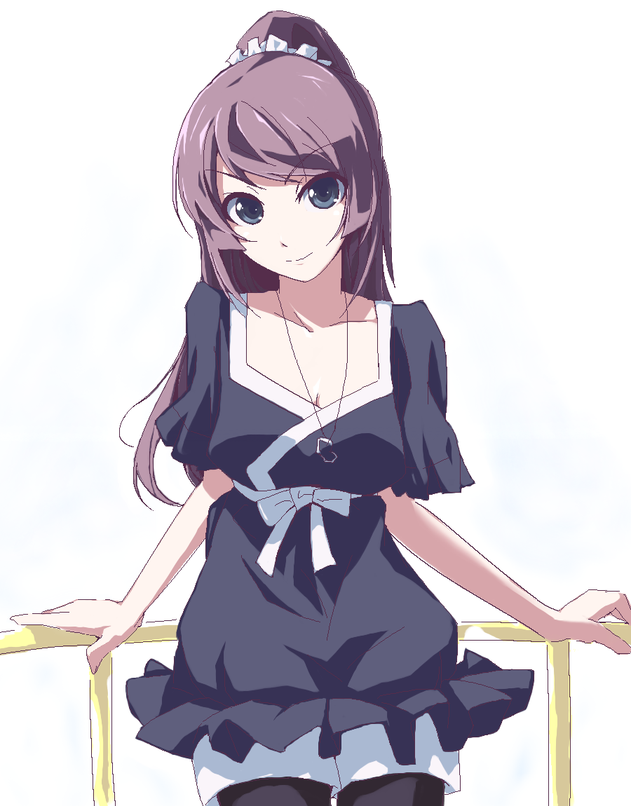 grune, senjougahara hitagi, bakemonogatari, monogatari (series), 00s, 1girl, female focus, long hair, looking at viewer, oekaki, pantyhose, ponytail, purple hair, smile, solo