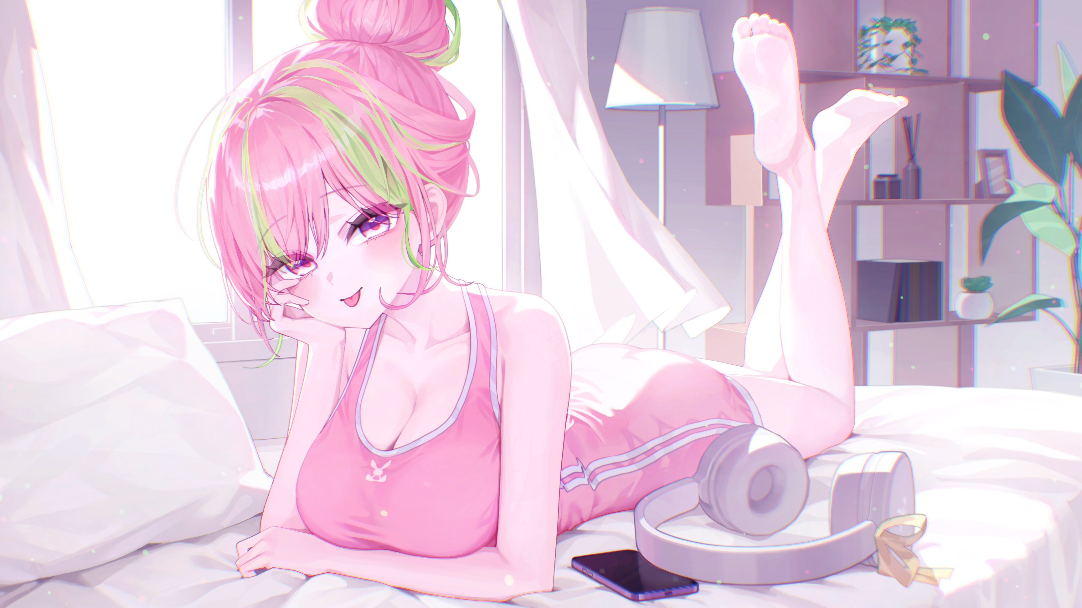 yioro, original, absurdres, commentary request, commission, highres, korean commentary, 1girl, bedroom, blush, breasts, cellphone, cleavage, closed mouth, curtains, full body, green streaks, hair bun, hand up, headphones, headphones removed, indoors, lamp, large breasts, legs up, looking at viewer, lying, multicolored hair, on bed, on stomach, parted bangs, phone, pink eyes, pink hair, pink shirt, pink shorts, shelf, shirt, shorts, single hair bun, sleeveless, sleeveless shirt, smartphone, solo, streaked hair, tongue, tongue out, window