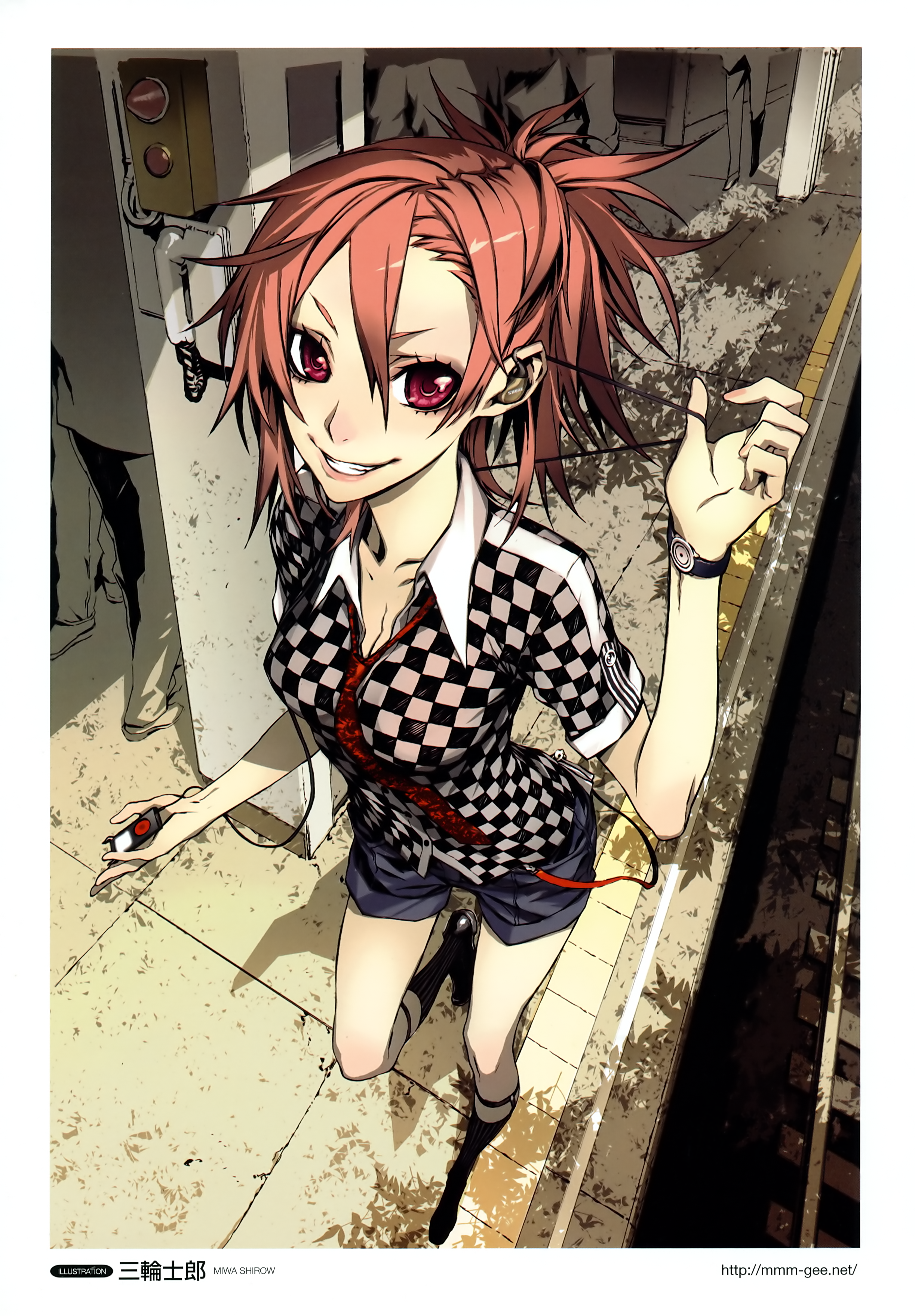miwa shirow, original, shure, absurdres, highres, 1girl, artist name, blouse, breasts, casual, checkered clothes, checkered shirt, cleavage, earphones, eyelashes, foreshortening, from above, grin, hair between eyes, headphones, ipod, large breasts, looking at viewer, mp3 player, necktie, polo shirt, red eyes, red hair, shirt, short hair, short shorts, short sleeves, shorts, smile, socks, solo focus, subway, taut clothes, taut shirt, train station, watch, watermark, wristwatch
