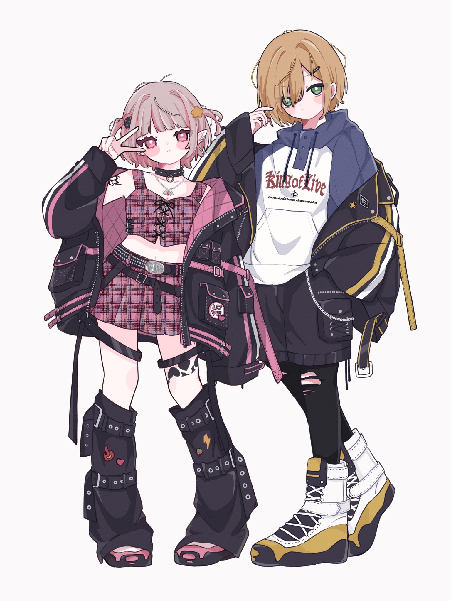 qyupuu, makaino ririmu, makaino ririmu (6th costume), uzuki kou, uzuki kou (5th costume), nijisanji, highres, 1boy, 1girl, :<, arm belt, bat necklace, belt, belt buckle, black belt, black collar, black jacket, black leg warmers, black leggings, black shorts, black straps, blonde hair, blue hood, blunt bangs, blush stickers, boots, buckle, chain, chain necklace, character name, closed mouth, clothes writing, collar, collarbone, colored inner hair, crop top, cross-laced clothes, cross-laced top, drawstring, earclip, flame print, food print, fruit print, full body, green eyes, grey hair, hair intakes, hair ornament, hair over one eye, hairclip, hand in pocket, hand up, heart, heart print, hood, hood down, hoodie, jacket, jewelry, lace-up boots, lapels, leg belt, leg tattoo, leg warmers, leggings, lightning bolt print, looking at viewer, loose belt, midriff, miniskirt, multicolored hair, multicolored hair bobbles, multiple belts, navel, necklace, no headwear, notched lapels, o-ring, o-ring collar, o-ring thigh strap, off shoulder, open belt, open clothes, open jacket, pendant, pink belt, pink hair, pink jacket, pink shoes, pink skirt, pink streaks, plaid clothes, plaid skirt, pleated skirt, pocket, pointy ears, print hoodie, red eyes, shoelaces, shoes, short hair, shorts, shoulder tattoo, side-by-side, simple background, skirt, sleeves past fingers, sleeves past wrists, spiked collar, spikes, standing, star (symbol), star hair ornament, strawberry print, streaked hair, studded belt, tattoo, thigh strap, torn clothes, torn leggings, two-sided fabric, two-sided jacket, two-tone hair, two side up, unbuttoned, unzipped, v, v over eye, virtual youtuber, wallet chain, white background, white boots, white hoodie, winged heart, winged heart tattoo, wolf cut, yellow belt, yellow trim, zipper, zipper top