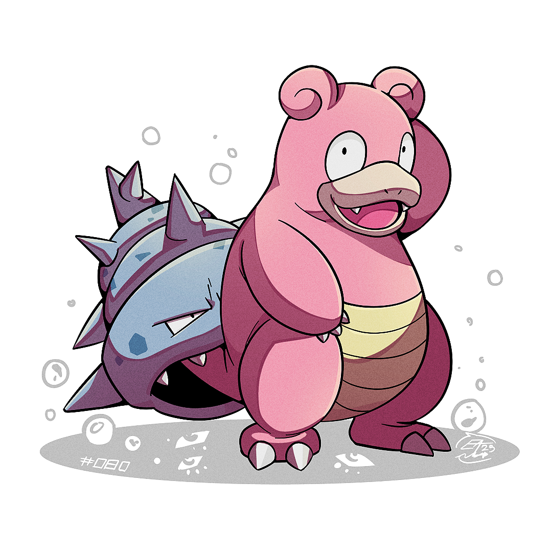 mistray-art, slowbro, nintendo, pokemon, commentary, english commentary, bubble, fangs, gen 1 pokemon, looking at viewer, no humans, numbered, open mouth, pink fur, pokemon (creature), signature, simple background, solo, tail, white background