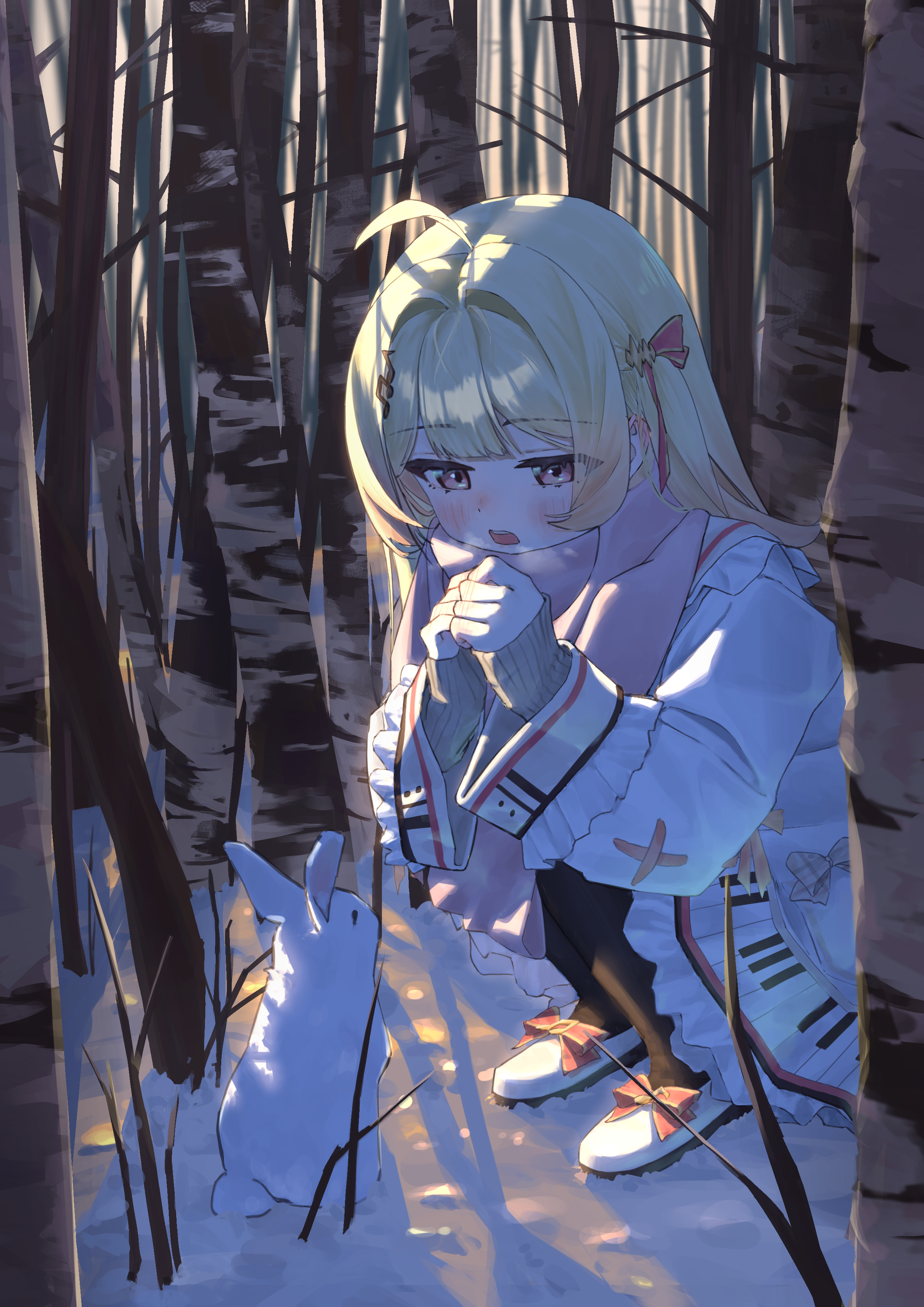 selopangji, otonose kanade, hololive, hololive dev is, absurdres, highres, 1girl, ahoge, blonde hair, bow, footwear bow, jacket, long hair, nature, open mouth, outdoors, piano print, rabbit, red eyes, scarf, snow, solo, squatting, teeth, tree, upper teeth only, white jacket