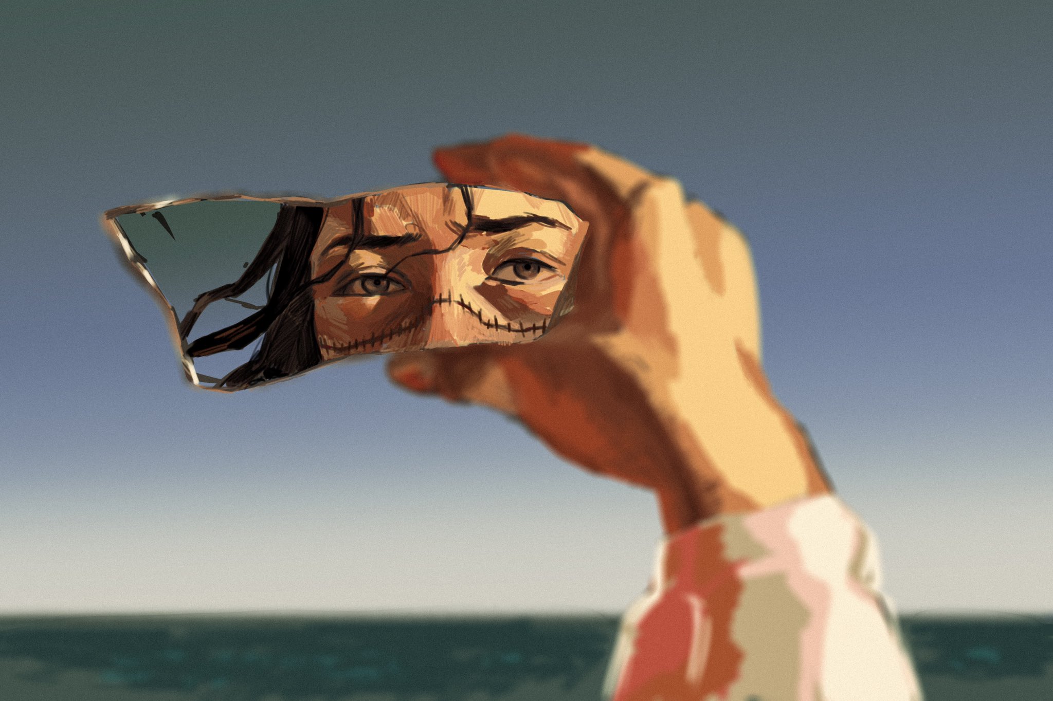 crocodile (one piece), one piece, highres, 1boy, black hair, daro hoot, glass shard, golden hour, grey eyes, holding glass shard, outdoors, reflection, scar, scar on face, solo