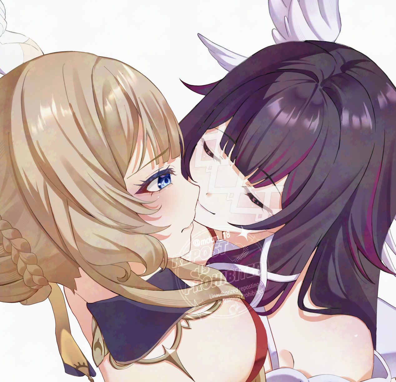 watatai, columbina (genshin impact), sandrone (genshin impact), genshin impact, adversarial noise, commentary request, highres, 2girls, bare shoulders, blue eyes, braid, braided bun, breasts, brown hair, closed mouth, hair bun, imminent kiss, long hair, multiple girls, purple hair, simple background, smile, white background, yuri
