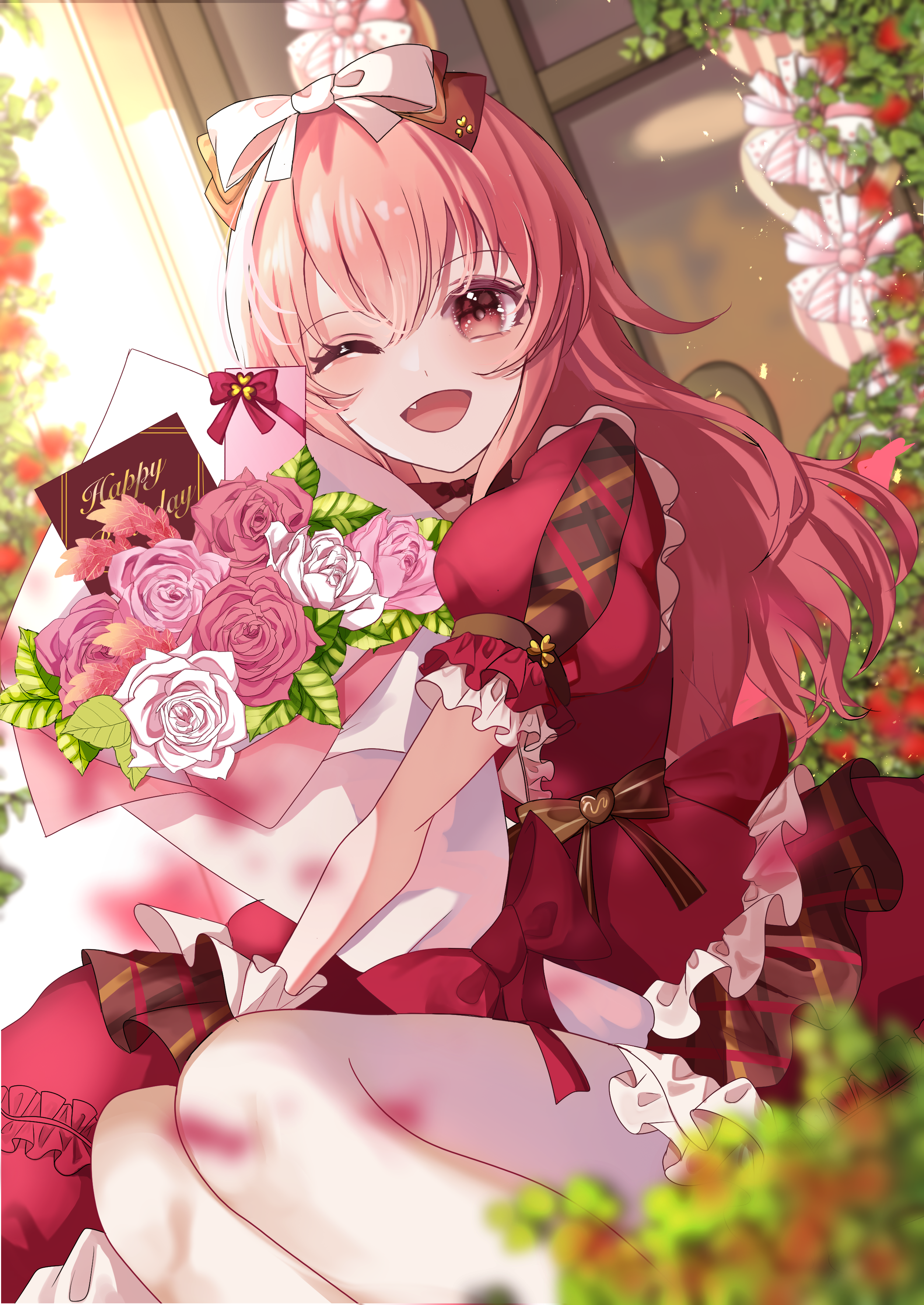 7naako5, momoi airi, project sekai, absurdres, commentary, highres, 1girl, ;d, bouquet, dress, dutch angle, fang, flower, frilled dress, frills, himitsu no valentine daisakusen! (project sekai), holding, holding bouquet, looking at viewer, official alternate costume, official alternate hair length, official alternate hairstyle, one eye closed, open mouth, outdoors, pantyhose, pink eyes, pink flower, pink rose, rose, sitting, smile, solo, white flower, white pantyhose, white rose, window