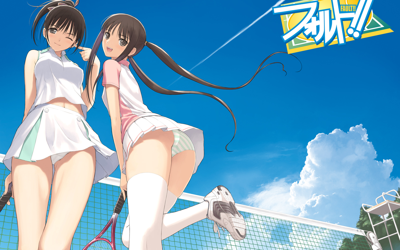 tony taka, saeki ai, sugiyama mio, fault!!, 00s, breasts, brown hair, grey eyes, medium breasts, midriff, midriff peek, navel, navel peek, panties, panties peek, pantyshot, ponytail, racket, ribbon, sky, small breasts, sportswear, striped clothes, striped panties, tennis net, tennis racket, tennis uniform, thighhighs, twintails, underwear, upskirt