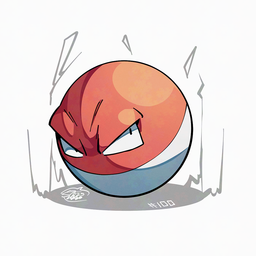 mistray-art, voltorb, nintendo, pokemon, gen 1 pokemon, looking at viewer, no humans, numbered, pokemon (creature), signature, simple background, solo, white background