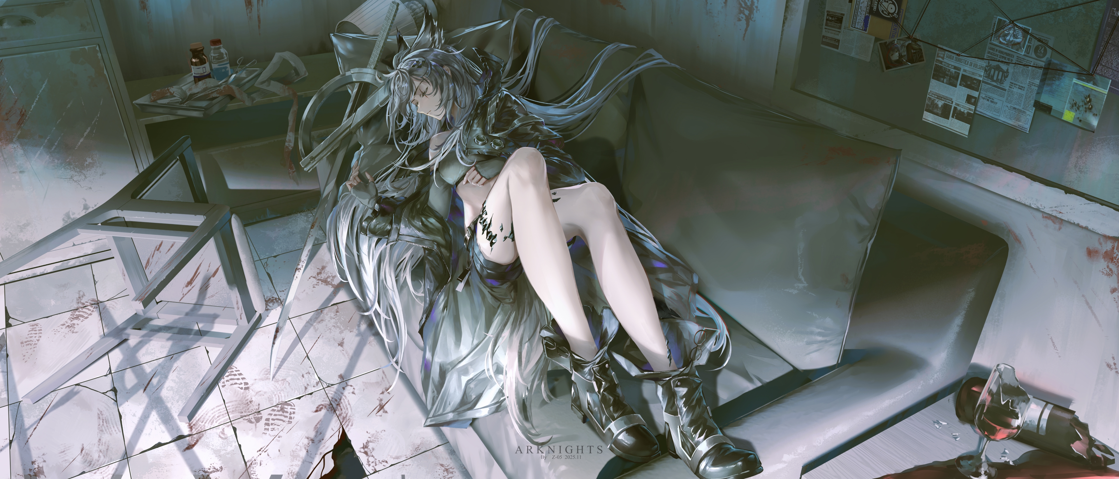 z 05, lappland (arknights), arknights, absurdres, commentary request, highres, 1girl, alcohol, animal ear fluff, animal ears, bare shoulders, black boots, black gloves, black jacket, black shorts, bloody footprints, boots, bottle, broken glass, chair, closed eyes, closed mouth, couch, cup, drinking glass, evidence board, fingerless gloves, glass, gloves, grey hair, indoors, jacket, long hair, lying, material growth, off shoulder, on back, on couch, open clothes, open jacket, oripathy lesion (arknights), short shorts, shorts, solo, sword, tail, very long hair, weapon, wine, wine bottle, wine glass