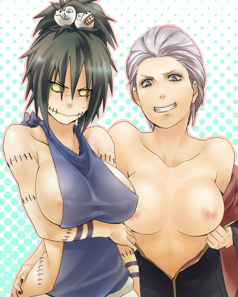 mudagedamu, hidan (naruto), kakuzu (naruto), naruto (series), naruto shippuuden, breast hold, bad id, bad pixiv id, 2girls, areola slip, black hair, breasts, genderswap, genderswap (mtf), glasgow smile, grin, halftone, huge breasts, large breasts, multiple girls, nipple slip, nipples, scar, simple background, smile, stitches, v-shaped eyebrows, white background, white hair