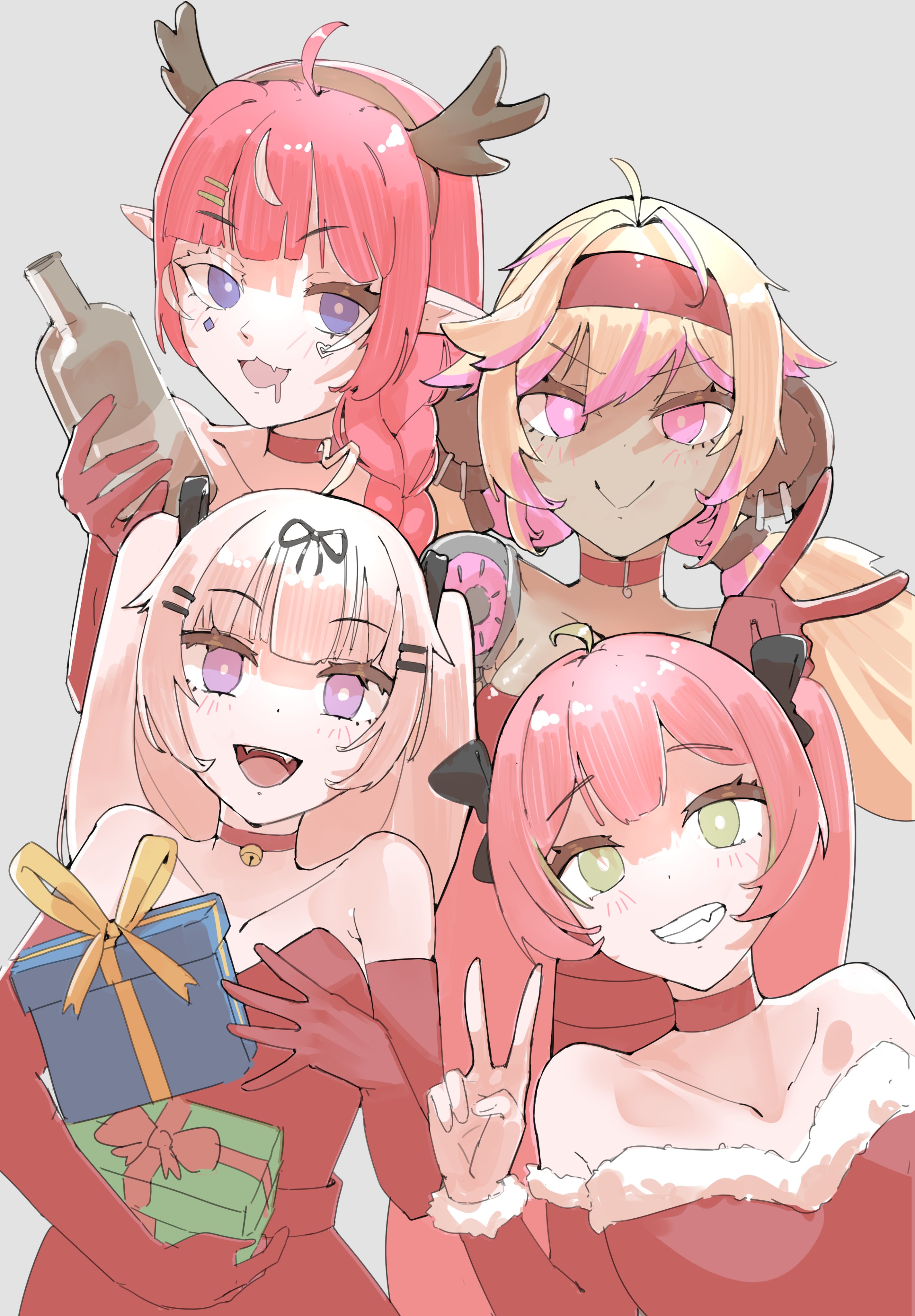 azuxxrou, camila (vtuber), koko d. nuts, slice of toma, suko (vtuber), indie virtual youtuber, absurdres, commentary, highres, textless version, 4girls, :>, :3, ahoge, alternate costume, alternate hairstyle, animal ear piercing, animal ears, bare shoulders, bell, black bow, black ribbon, blonde hair, blue eyes, blunt bangs, bottle, bow, box, breasts, bright pupils, brown hairband, choker, christmas, christmas present, closed mouth, collarbone, colored eyelashes, dark-skinned female, dark skin, diamond facial mark, dot nose, dress, drooling, elbow gloves, eyelashes, facial mark, fake antlers, fang, fangs, fur trim, gift, gift box, gloves, green eyes, grey background, hair bow, hair ornament, hair over shoulder, hair ribbon, hairband, hairclip, headband, heart, holding, holding bottle, holding box, holding gift, long hair, mechanical arms, mismatched eyelashes, monkey ears, monkey girl, mouth drool, multicolored hair, multiple girls, neck bell, open mouth, pink eyes, pink hair, pointy ears, purple eyes, red choker, red dress, red gloves, red headband, ribbon, simple background, single mechanical arm, smile, streaked hair, teeth, twintails, two-tone hair, upper teeth only, v, v-shaped eyebrows, virtual youtuber, white hair, white pupils