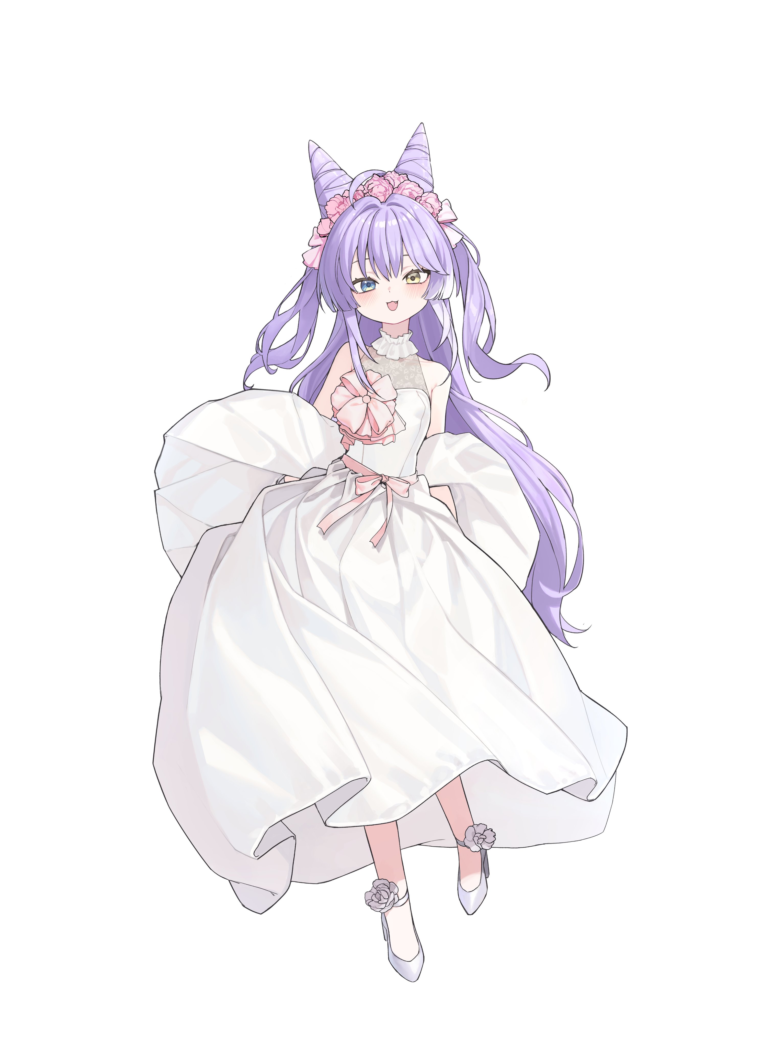 elppi, tenko shibuki, stellive, absurdres, hashtag-only commentary, highres, 1girl, choppy bangs, cone hair bun, double bun, dress, dress ribbon, full body, hair bun, head wreath, heterochromia, high heels, long dress, long hair, looking at viewer, open mouth, pink ribbon, purple hair, ribbon, shoes, simple background, sleeveless, sleeveless dress, smile, solo, standing, very long hair, virtual youtuber, wedding dress, white background, white dress, white shoes
