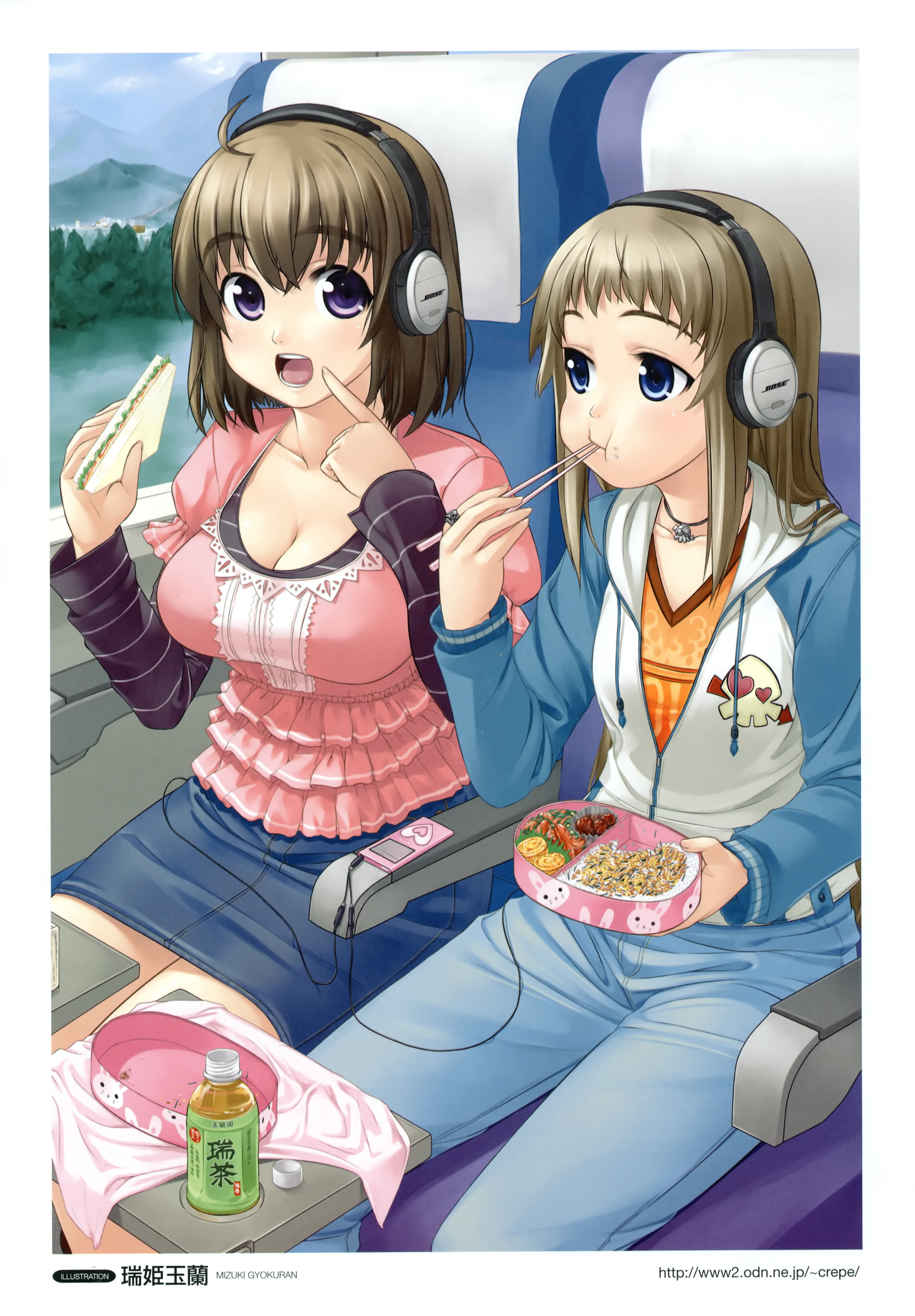 mizuki gyokuran, original, absurdres, highres, 2girls, :t, ahoge, bento, blue eyes, bottle, breasts, brown hair, cleavage, denim, denim skirt, eating, food, food on face, frills, green tea, headphones, hood, hoodie, ipod, ipod mini, jewelry, large breasts, long hair, lunchbox, mp3 player, multiple girls, open mouth, pants, pencil skirt, pointing, product placement, purple eyes, rice, rice on face, ring, sandwich, short hair, sitting, skirt, smile, tareme, tea, train, train interior