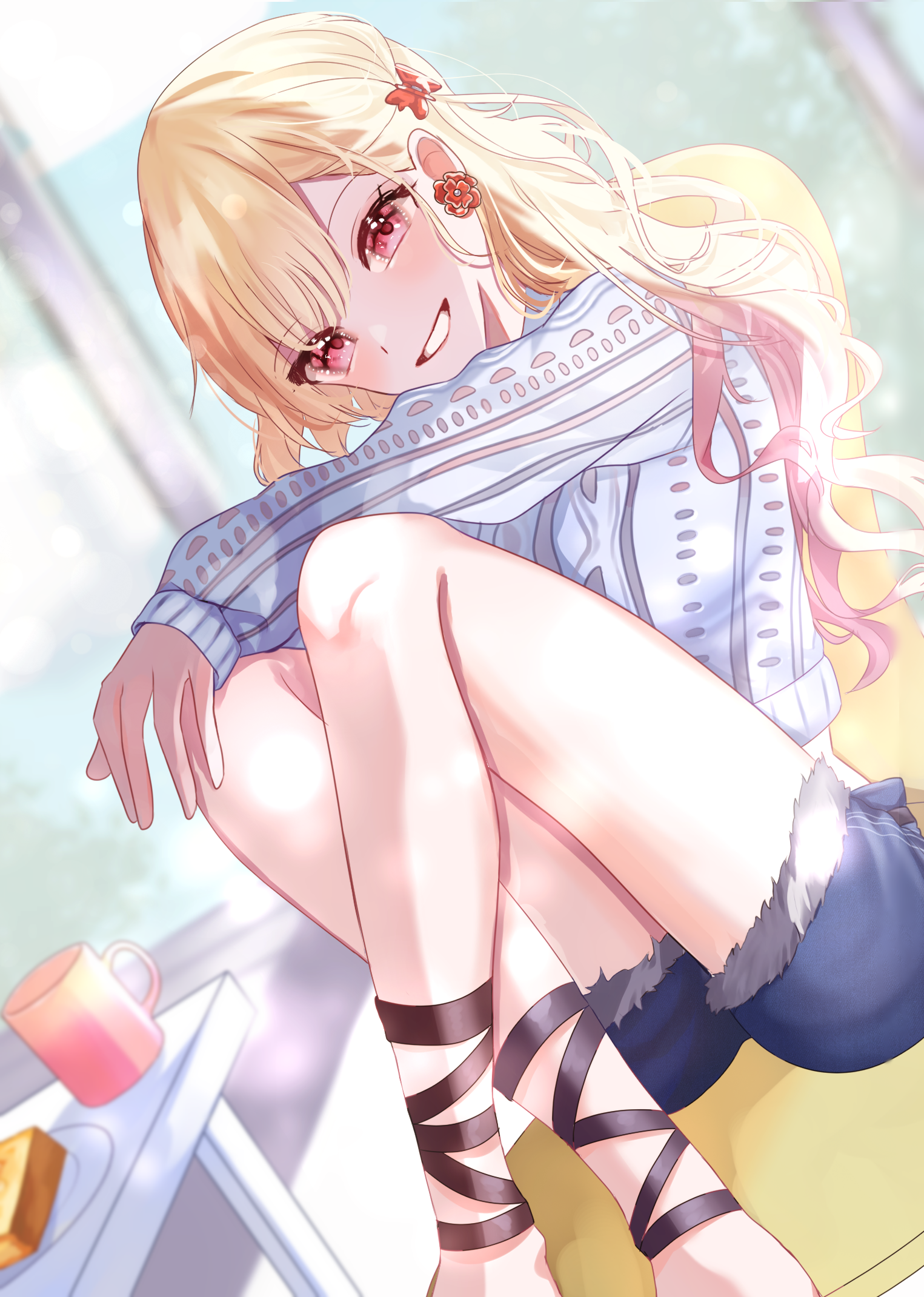 7naako5, tenma saki, project sekai, commentary, highres, 1girl, blonde hair, blue shorts, blurry, blurry background, bread, bread slice, coffee mug, cropped sweater, cup, earrings, feet on table, flower, flower earrings, food, fur-trimmed shorts, fur trim, gradient hair, grin, indoors, jewelry, knees up, long hair, long sleeves, looking at viewer, mug, multicolored hair, orange flower, pink eyes, pink hair, short shorts, shorts, sitting, smile, solo, sweater, toast, white sweater