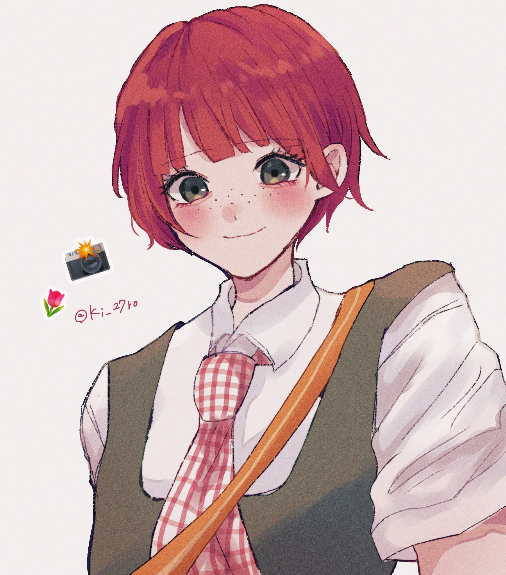 koizumi mahiru, danganronpa (series), danganronpa 2: goodbye despair, commentary request, highres, 1girl, blush, camera, closed mouth, collared shirt, emoji, eyelashes, flower, freckles, green eyes, ki 27ro, necktie, plaid clothes, plaid necktie, red flower, red hair, red rose, rose, shirt, short hair, short sleeves, simple background, smile, solo, twitter username, upper body, very short hair, white background, white shirt