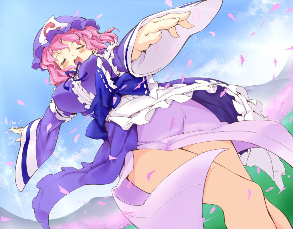 petenshi (dr. vermilion), ryuushou, saigyouji yuyuko, touhou, bad id, bad pixiv id, 1girl, :d, ^ ^, blush, bouncing breasts, breasts, cherry blossoms, closed eyes, cloud, covered erect nipples, day, dutch angle, female focus, foreshortening, frills, from below, grass, groin, hat, hip focus, impossible clothes, japanese clothes, kimono, large breasts, obi, open mouth, outdoors, petals, pink hair, sash, short hair, sky, smile, solo, triangular headpiece, wide sleeves, wind