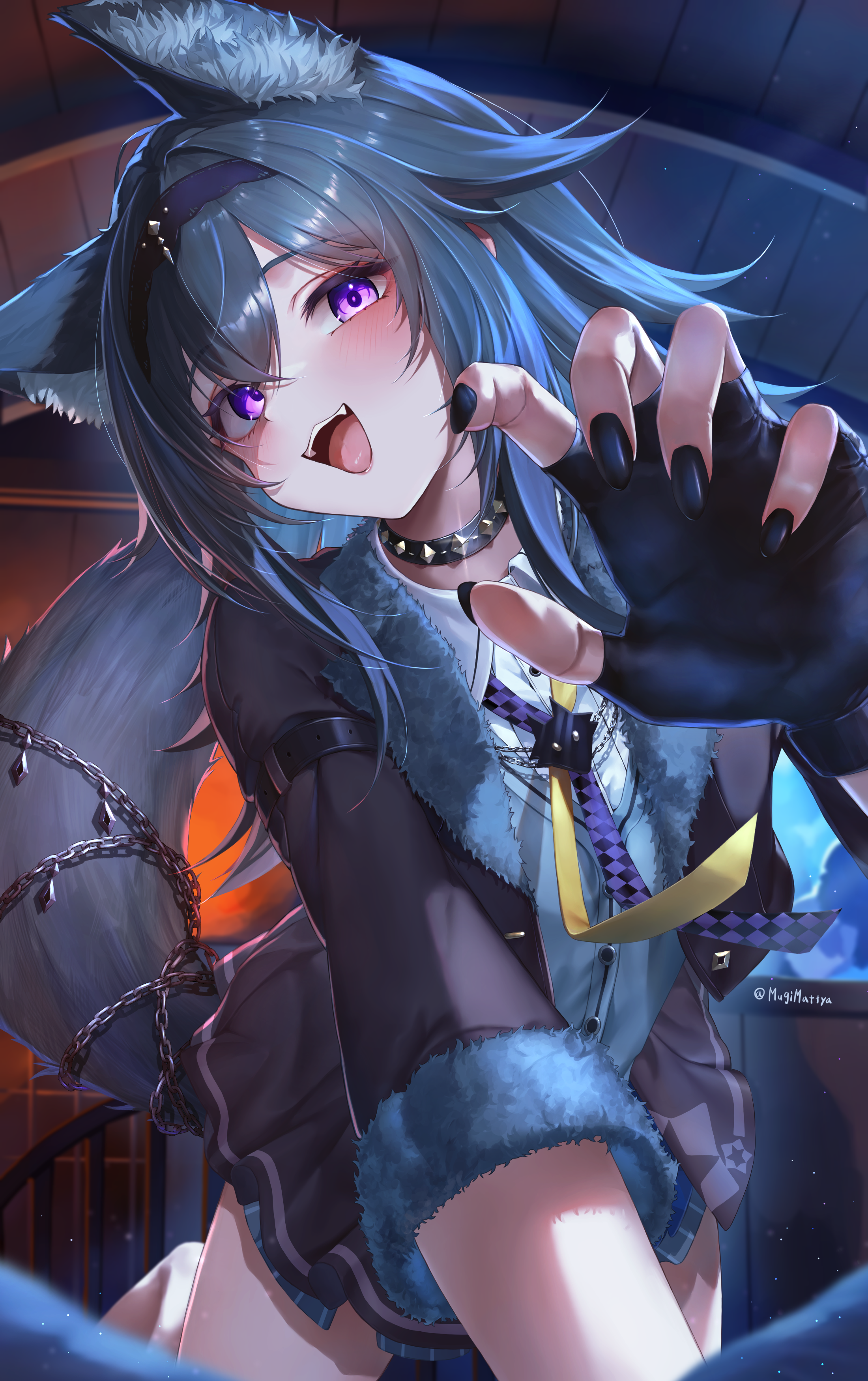 mugi maccha, absurdres, commentary request, highres, 1girl, :d, all fours, animal ear fluff, animal ears, black jacket, black nails, black skirt, blue gloves, blue hair, blurry, blurry foreground, cardigan vest, chain, claw pose, collared shirt, depth of field, dress shirt, fangs, fingerless gloves, fur-trimmed jacket, fur-trimmed sleeves, fur trim, gao garuru (vtuber), gloves, hair between eyes, indoors, jacket, long hair, looking at viewer, nail polish, necktie, open mouth, pleated skirt, purple eyes, purple necktie, shirt, skirt, smile, solo, stella lab, tail, twitter username, virtual youtuber, white shirt, wolf ears, wolf girl, wolf tail