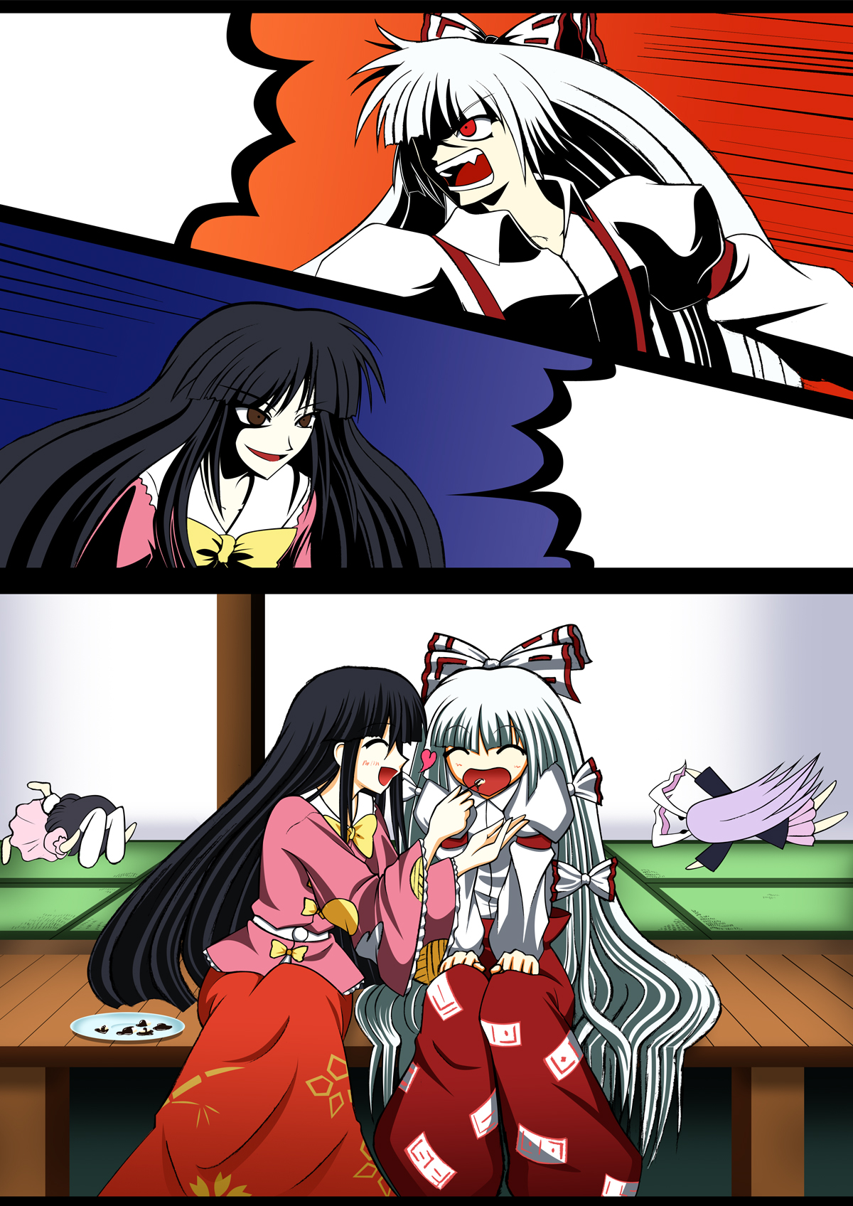 hitoniarazu, fujiwara no mokou, houraisan kaguya, inaba tewi, reisen udongein inaba, touhou, silver hair, highres, 4girls, animal ears, black hair, bow, faceplant, female focus, hair ribbon, long hair, multiple girls, purple hair, rabbit ears, red eyes, ribbon, short hair, suspenders, tail