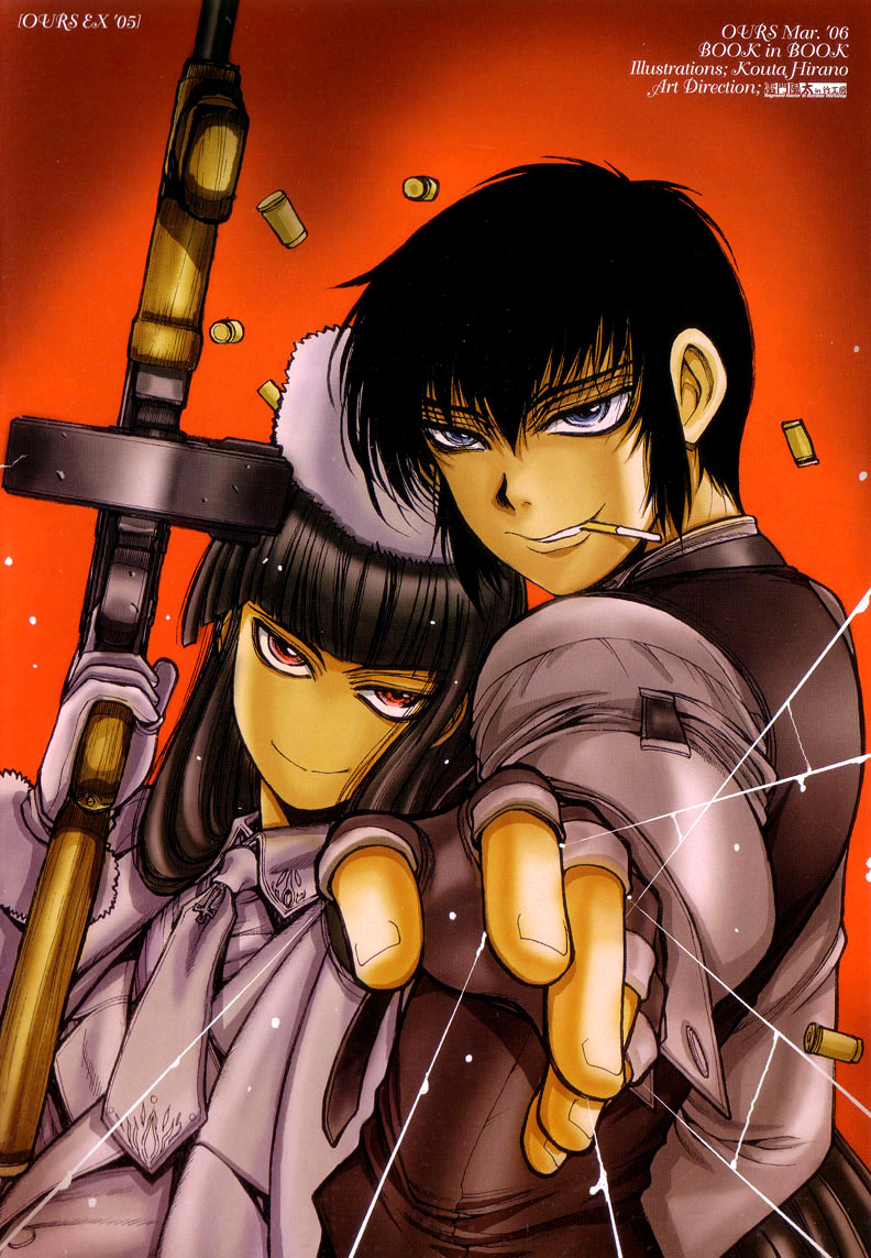 hirano kouta, alucard (hellsing), girlycard, walter, walter c. dornez, hellsing, hellsing: the dawn, gender request, official art, .45 acp, 1boy, 1girl, ammunition, black hair, blue eyes, bullet, cigarette, drum magazine, finger on trigger, fur hat, genderswap, gun, handgun cartridge, hat, high-capacity magazine, magazine (weapon), no nose, pistol cartridge, red eyes, submachine gun, thompson submachine gun, vampire, weapon