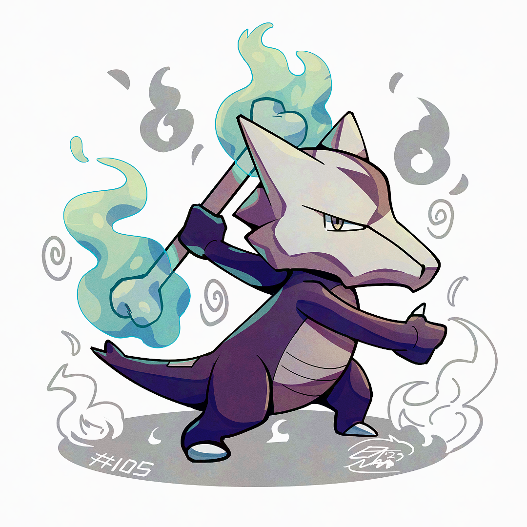 mistray-art, alolan marowak, nintendo, pokemon, alolan form, black skin, bone, claws, colored skin, fire, gen 7 pokemon, green fire, holding, holding bone, no humans, numbered, pokemon (creature), signature, simple background, solo, tail, white background