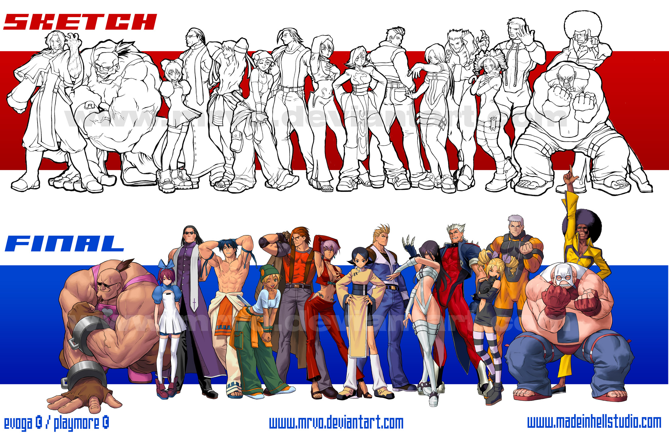 mrvo, abubo, alice carroll, annie murakami, cassandra murata, elias patrick, inomura oni, jae-mo kang, james lewis, johann, jose rodriguez, lynn baker, mr jones, pupa salgueiro, radel, sonia romanenko, william lewis, rage of the dragons, bilingual commentary, commentary, english commentary, highres, mixed-language commentary, 6+boys, 6+girls, ;d, abs, afro, arm up, armpits, arms behind head, artist name, beanie, black hair, black pants, black sandals, blonde hair, blue jacket, blue pants, blue shirt, blue sleeves, bodysuit, breasts, brown coat, brown gloves, brown hair, chinese clothes, closed mouth, clothing cutout, coat, copyright notice, dark-skinned male, dark skin, deviantart username, dress, drill hair, everyone, fat, fat man, fingerless gloves, gloves, green hat, green pants, grey hair, grin, hat, holding, holding coat, holding unworn clothes, jacket, kneehighs, leaning forward, long hair, medium breasts, multiple boys, multiple girls, muscular, muscular male, navel, navel cutout, one eye closed, open mouth, orange bodysuit, pants, pelvic curtain, pink tank top, purple coat, purple hair, red pants, revealing clothes, sandals, scar, scar on face, shirt, short hair, size difference, sleeveless, sleeveless coat, smile, socks, spanish commentary, standing, striped clothes, striped thighhighs, sunglasses, suspenders, tank top, tattoo, thighhighs, twin drills, unworn coat, watermark, web address, white dress, white pants, white socks, white thighhighs, wristband, yellow bodysuit