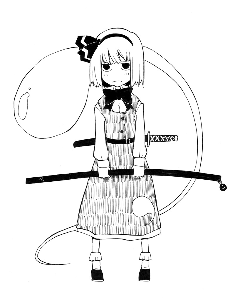 karu (ishiken), konpaku youmu, konpaku youmu (ghost), touhou, millipen (medium), nib pen (medium), pen (medium), traditional media, 1girl, bow, female focus, frown, greyscale, hitodama, katana, monochrome, short hair, simple background, solo, sword, weapon