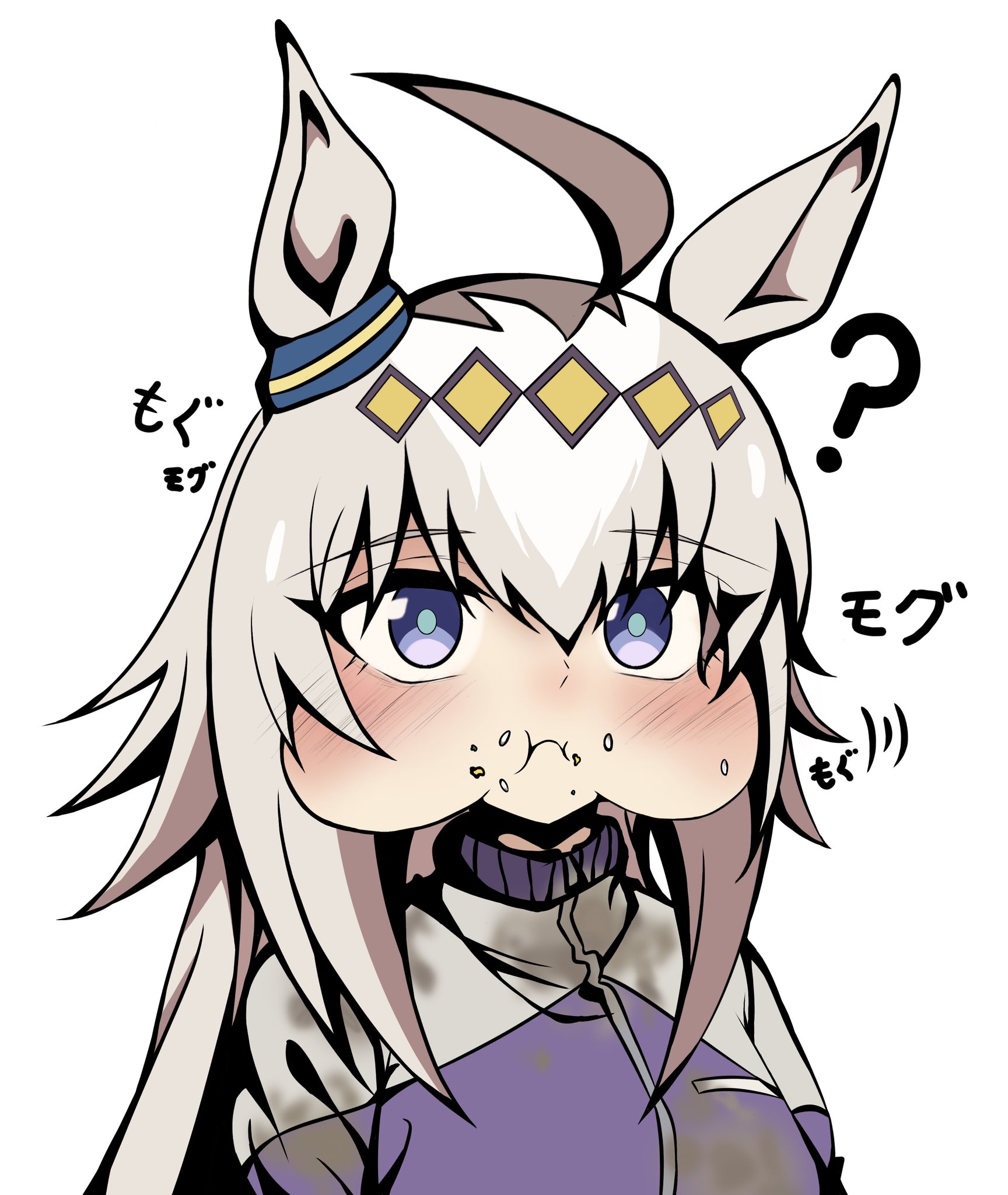 132109chisato, oguri cap (umamusume), umamusume, umamusume: cinderella gray, highres, 1girl, ahoge, animal ears, blue eyes, blush, ear ornament, glutton, grey hair, hair between eyes, hair ornament, hairband, horse ears, horse girl, kasamatsu tracen school uniform, kasamatsu tracen training uniform, long hair, long sleeves, multicolored hair, school uniform, solo, tracen school uniform, tracen training uniform
