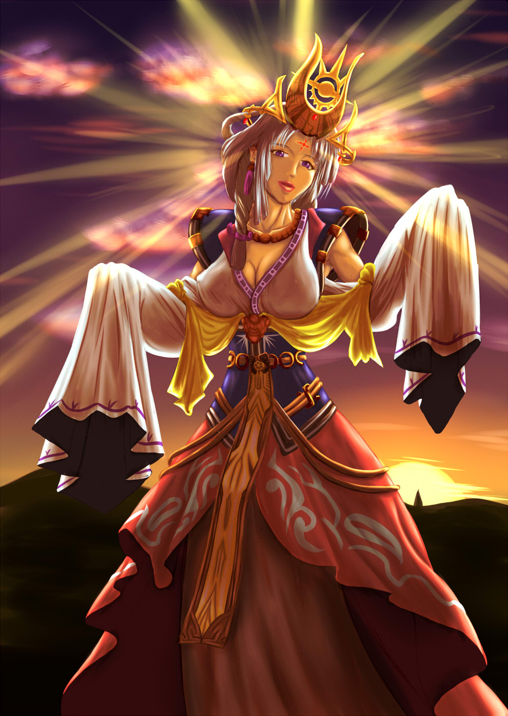 pirotan, arshtat falenas, gensou suikoden, gensou suikoden v, silver hair, highres, 1girl, breasts, cleavage, collarbone, covered erect nipples, crown, detached sleeves, dress, facial mark, female focus, forehead mark, large breasts, lips, lipstick, makeup, purple eyes, solo