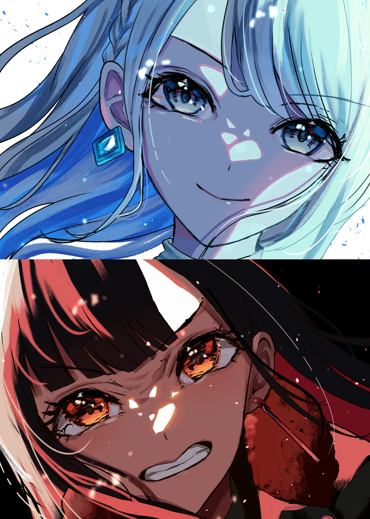 7naako5, azusawa kohane, shiraishi an, project sekai, commentary request, highres, 2girls, angry, black hair, black jacket, blue hair, chain, chain necklace, clenched teeth, close-up, closed mouth, colored inner hair, diamond-shaped earrings, earrings, furrowed brow, grey eyes, jacket, jewelry, long hair, looking at viewer, multicolored hair, multiple girls, necklace, official alternate hair length, official alternate hairstyle, orange eyes, red hair, simple background, smile, teeth, turtleneck, v-shaped eyebrows, whip the wimp girl!! (project sekai), white background