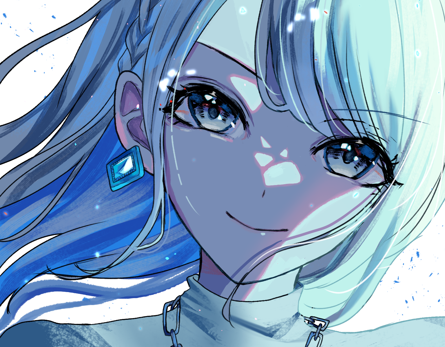 7naako5, azusawa kohane, project sekai, commentary request, highres, 1girl, blue hair, chain, chain necklace, close-up, closed mouth, diamond-shaped earrings, grey eyes, jewelry, long hair, looking at viewer, necklace, official alternate hair length, official alternate hairstyle, simple background, smile, solo, turtleneck, v-shaped eyebrows, whip the wimp girl!! (project sekai), white background