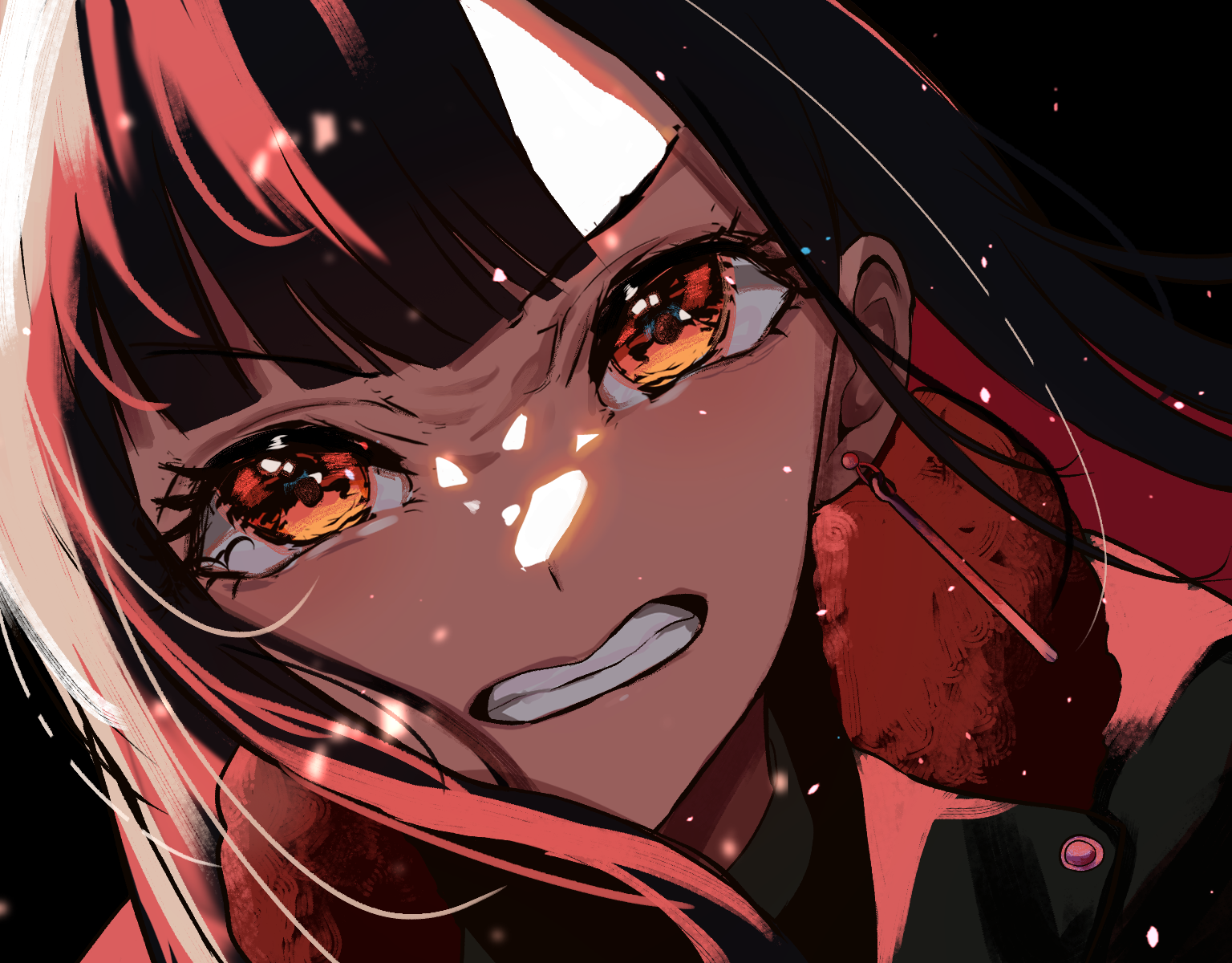 7naako5, shiraishi an, project sekai, commentary request, highres, 1girl, angry, black hair, black jacket, clenched teeth, close-up, colored inner hair, earrings, furrowed brow, jacket, jewelry, long hair, multicolored hair, orange eyes, red hair, solo, teeth, v-shaped eyebrows, whip the wimp girl!! (project sekai)