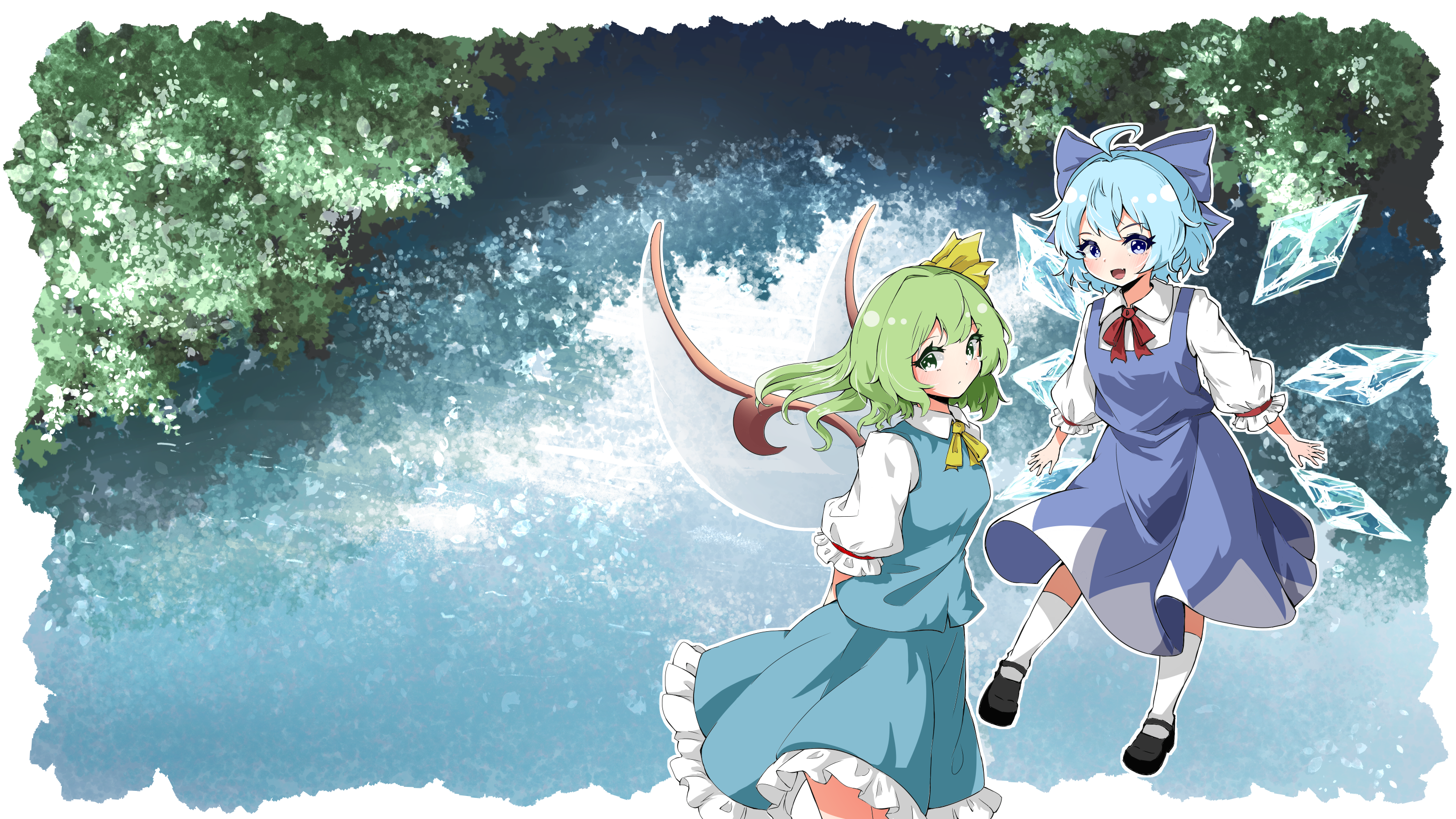 nanahana nanana, cirno, daiyousei, touhou, commentary, highres, 2girls, :d, black shoes, blue bow, blue dress, blue eyes, blue hair, blue skirt, blue vest, border, bow, closed mouth, collared shirt, double-parted bangs, dress, fairy wings, frilled skirt, frilled sleeves, frills, green hair, hair ribbon, ice, ice wings, kneehighs, long hair, looking at viewer, multiple girls, neck ribbon, open mouth, outline, outside border, pinafore dress, red ribbon, ribbon, shirt, shoes, short hair, short sleeves, skirt, skirt set, sleeveless, sleeveless dress, smile, socks, vest, white border, white outline, white shirt, white shoes, wings, yellow ribbon