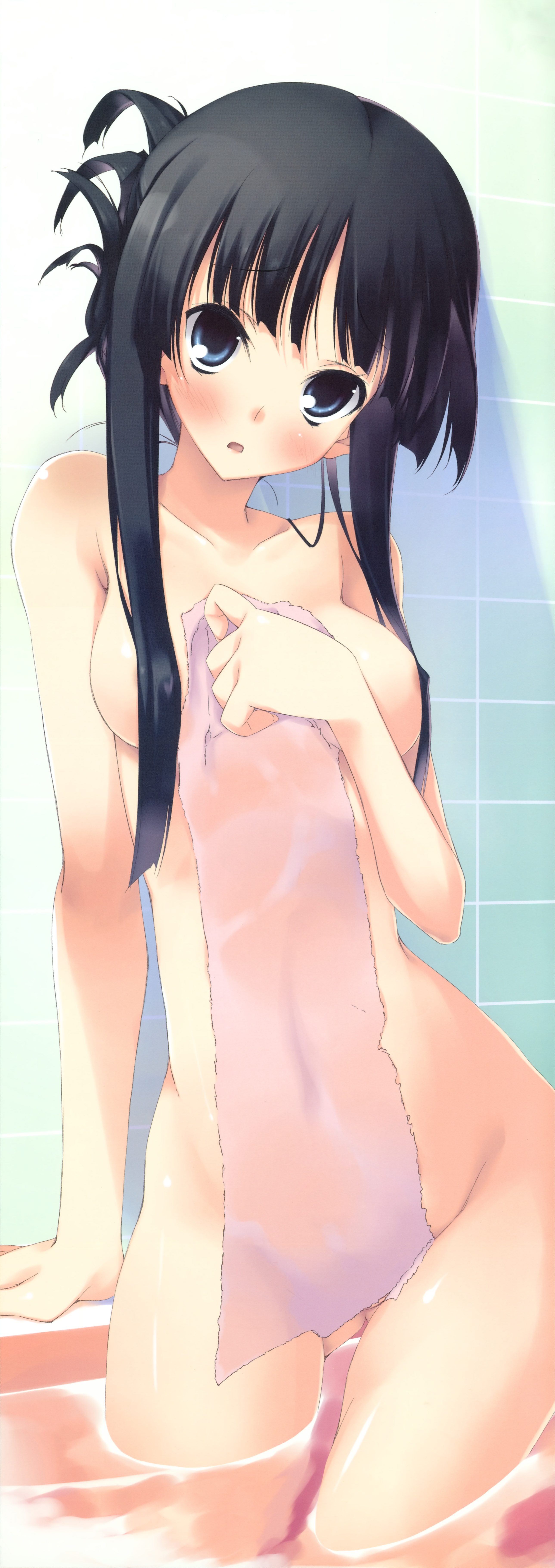 kagome (traumatize), akiyama mio, k-on!, absurdres, highres, long image, md5 mismatch, tall image, 00s, 1girl, bathing, black eyes, black hair, blush, breasts, censored, convenient censoring, covered erect nipples, covering privates, female focus, hair censor, hair over breasts, hair up, medium breasts, naked towel, nude, nude cover, solo, towel