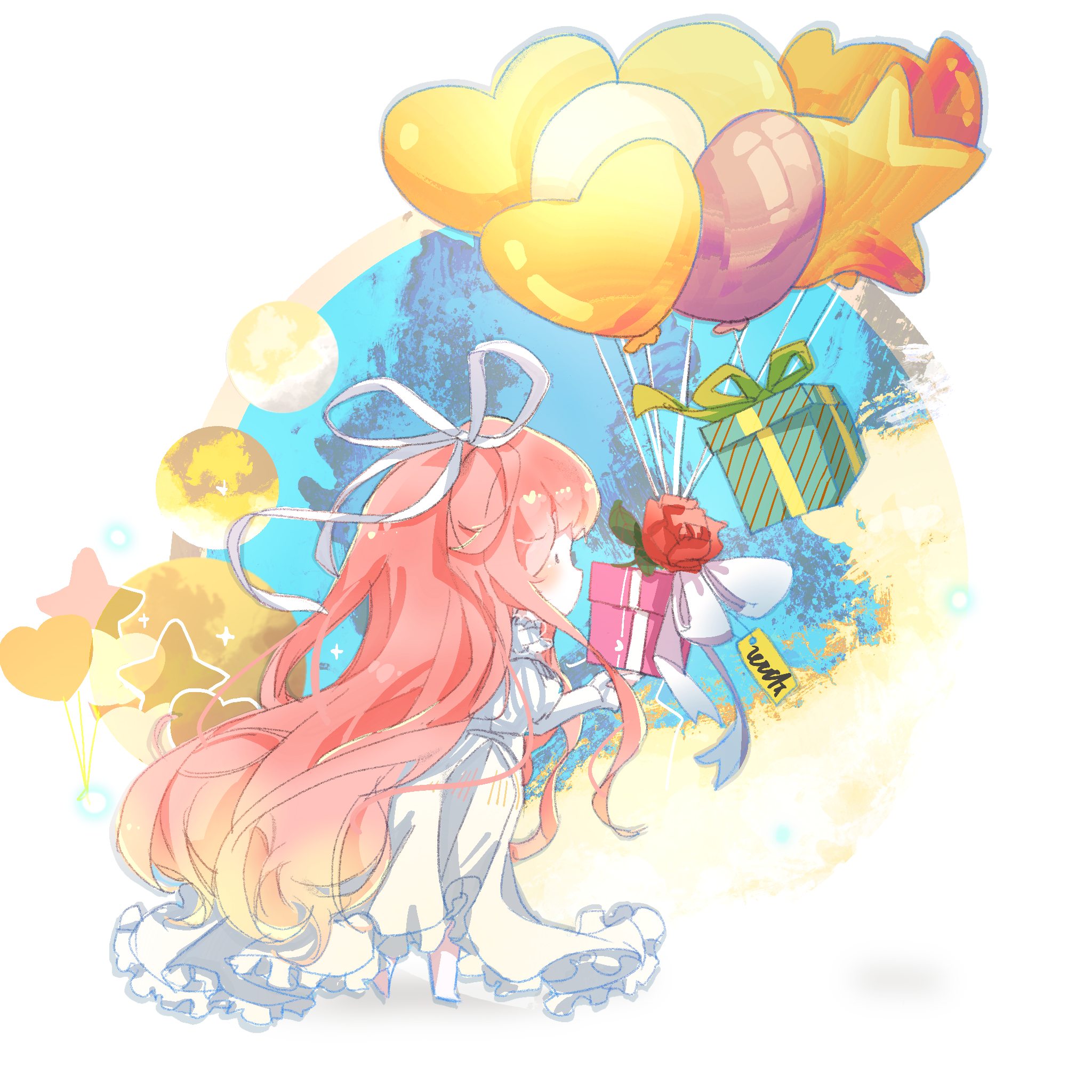 interruption (echo-023), nikki (nikki), nikki (series), highres, procreate (medium), 1girl, absurdly long hair, balloon, barefoot, birthday, blue sky, chibi, collared dress, dress, flower, from side, gift, hair ribbon, heart balloon, high collar, juliet sleeves, large ribbon, long dress, long hair, long sidelocks, long sleeves, pink hair, pleated dress, puffy sleeves, red flower, red rose, ribbon, rose, shadow, sidelocks, sky, solo, standing, star (symbol), star balloon, tree, very long hair, wavy hair, white background, white dress, white ribbon