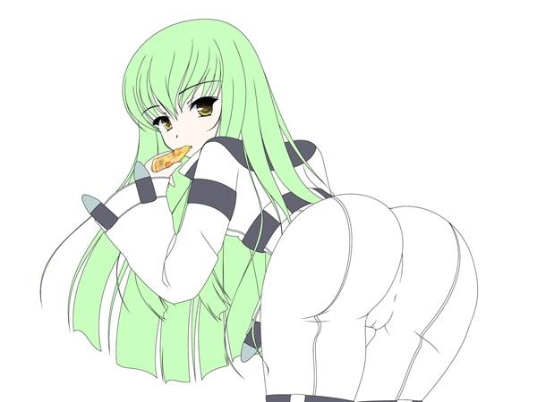 c.c., code geass, 00s, ass, eating, food, green hair, looking back, pizza