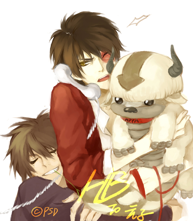 psd, appa, jet (avatar), zuko, avatar: the last airbender, avatar legends, nickelodeon, bad id, bad pixiv id, 2boys, brown hair, closed eyes, hug, male focus, multiple boys, phone, scar, yellow eyes