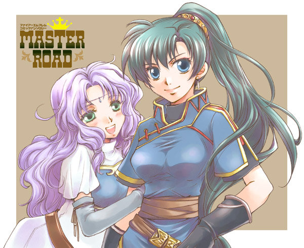 kizuki miki, florina (fire emblem), lyn (fire emblem), fire emblem, fire emblem: the blazing blade, nintendo, pegasus knight uniform (fire emblem), bad id, bad pixiv id, 1girl, armor, blue eyes, blush, earrings, elbow gloves, female focus, gloves, green eyes, green hair, high ponytail, jewelry, long hair, matching hair/eyes, open mouth, ponytail, purple hair, smile, solo, sword, weapon