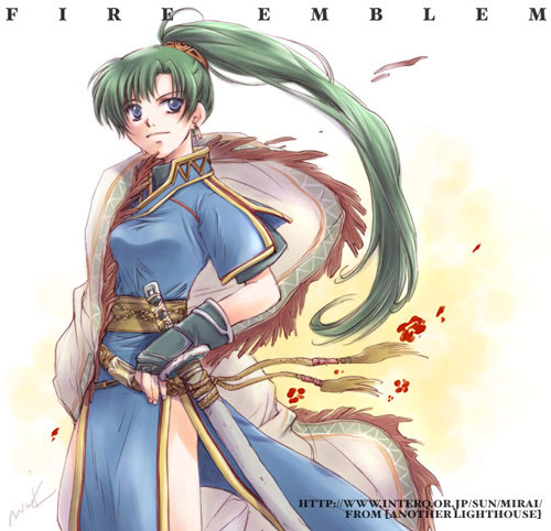 kizuki miki, lyn (fire emblem), fire emblem, fire emblem: the blazing blade, nintendo, bad id, bad pixiv id, lowres, 1girl, blue eyes, earrings, female focus, fingerless gloves, gloves, green hair, high ponytail, jewelry, katana, long hair, ponytail, shawl, side slit, solo, sword, weapon