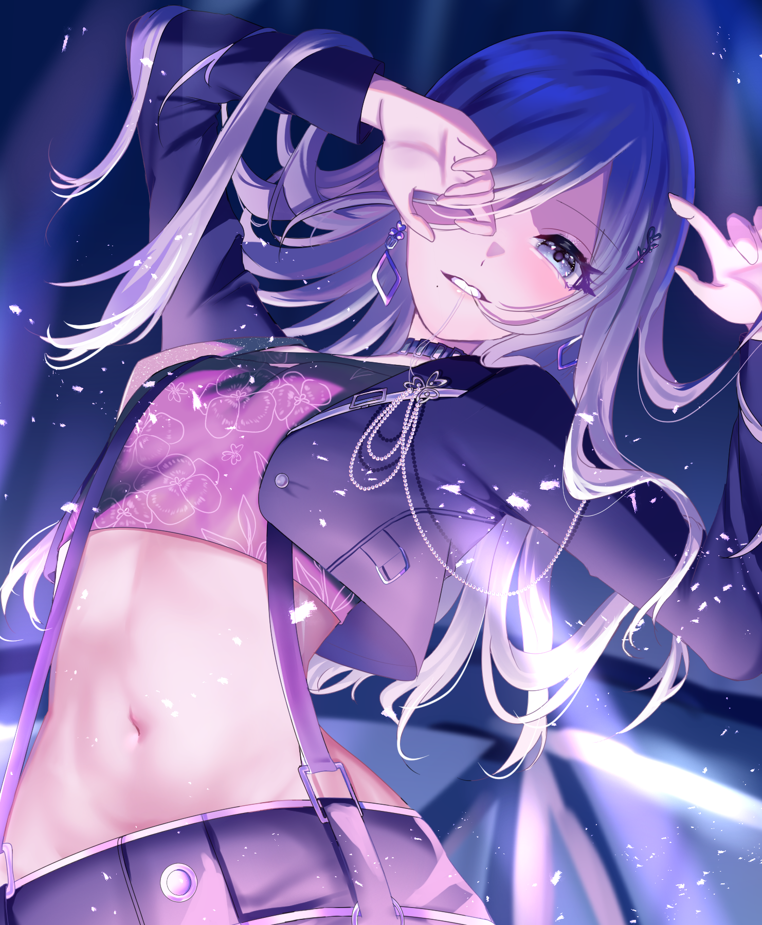 7naako5, hinomori shizuku, project sekai, commentary, highres, 1girl, black jacket, blue eyes, crop top, cropped jacket, cropped shirt, floral print, floral print shirt, grey hair, grin, hair over one eye, hand over eye, jacket, lead to shine more (project sekai), long hair, long sleeves, looking at viewer, mole, mole under mouth, navel, official alternate costume, one eye covered, open clothes, open jacket, print shirt, purple shirt, shirt, smile, solo, stomach, suspenders