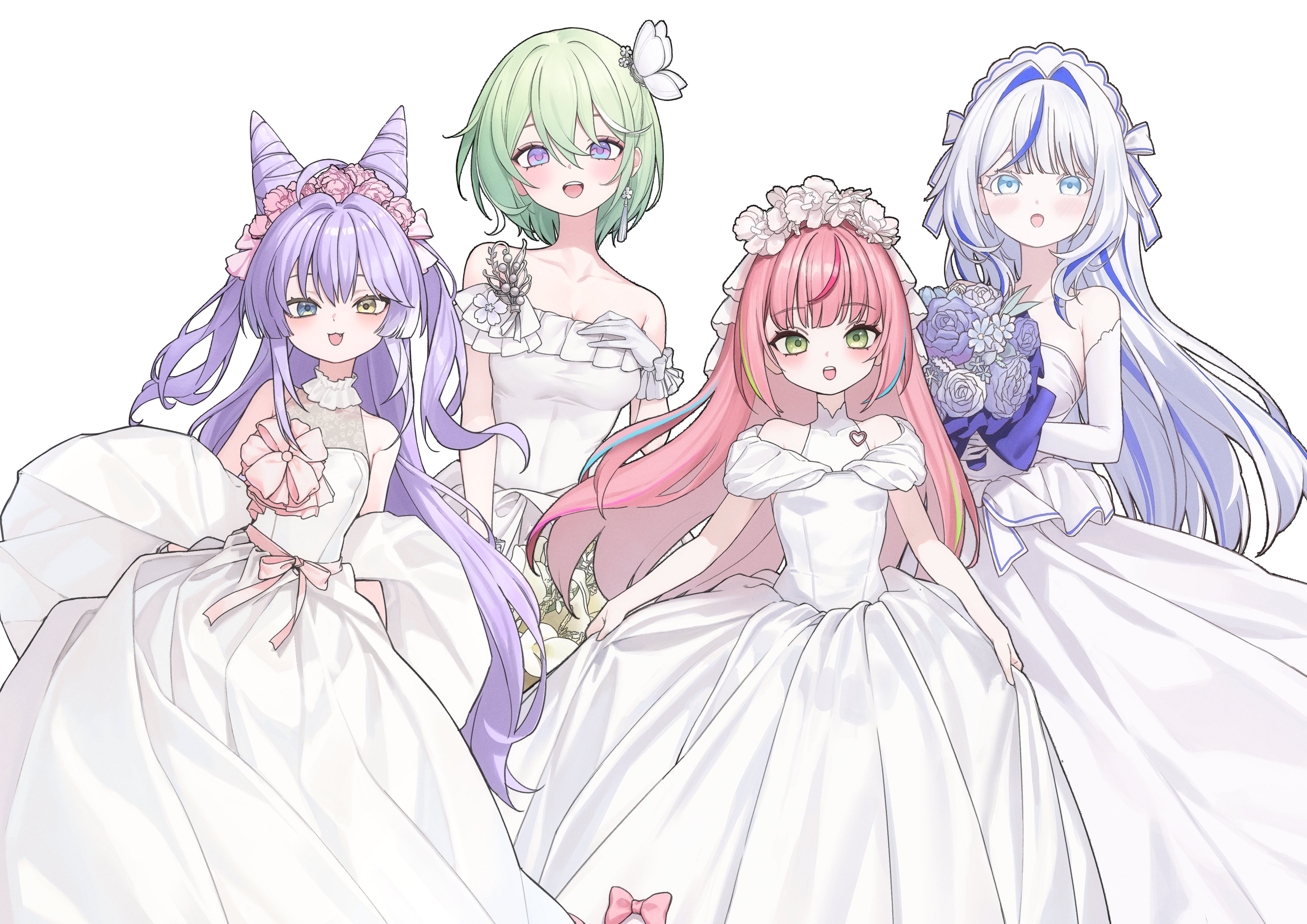 elppi, aokumo rin, hanako nana, tenko shibuki, yuzuha riko, stellive, absurdres, commentary request, highres, korean commentary, 4girls, :o, aqua eyes, arm at side, blue eyes, blue flower, blue rose, blush, bouquet, bow, breasts, butterfly hair ornament, choppy bangs, cleavage, collarbone, double-parted bangs, dress, dress bow, dress ribbon, earrings, flower, frilled gloves, frills, gloves, green eyes, green hair, grey hair, hair between eyes, hair intakes, hair ornament, hand on own chest, head wreath, heterochromia, holding, holding bouquet, jewelry, long bangs, long hair, looking at viewer, multicolored hair, multiple girls, open mouth, pink bow, pink hair, pink ribbon, purple hair, ribbon, rose, short hair, simple background, skirt hold, sleeveless, sleeveless dress, smile, standing, straight hair, strapless, strapless dress, streaked hair, very long hair, virtual youtuber, wedding dress, white background, white dress, white gloves, white headdress, wispy bangs, yuri