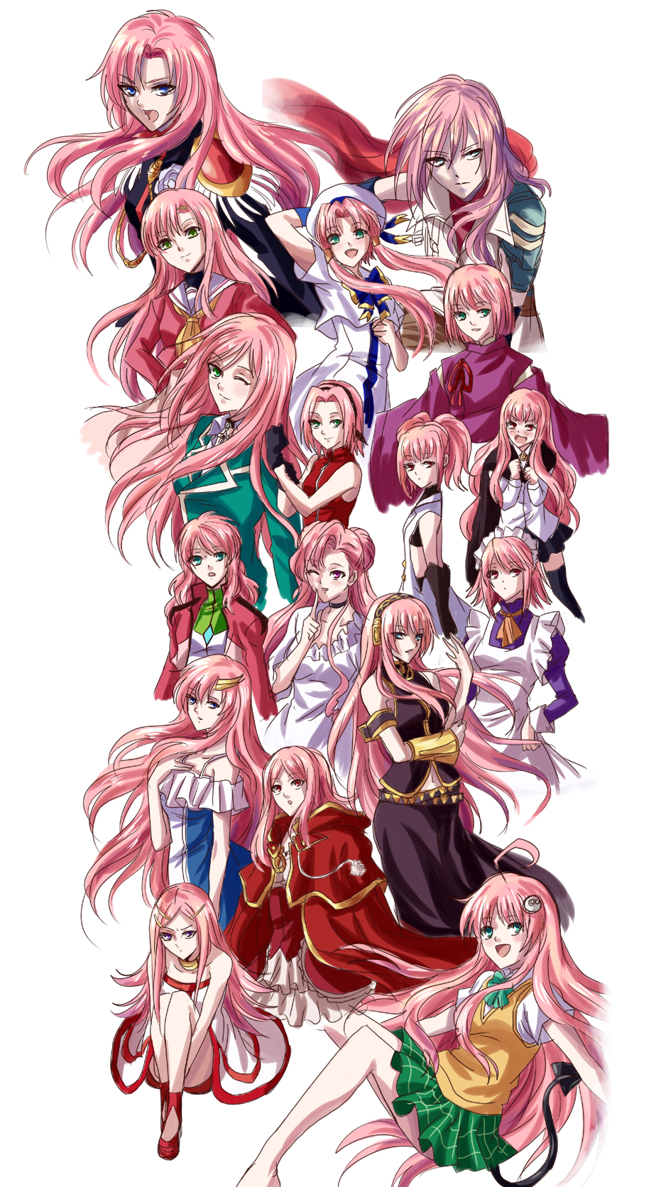 kacyu, lottie (gravyalloverhim), akashiya moka, anemone (eureka seven), anya alstreim, charlotte (pandora hearts), euphemia li britannia, feldt grace, haruno sakura, katsura hinagiku, lacus clyne, lala satalin deviluke, lightning farron, louise francoise le blanc de la valliere, megurine luka, mizunashi akari, motomiya akane, peke (to love-ru), tenjou utena, wilhelmina carmel, aria (manga), code geass, eureka seven, eureka seven (series), final fantasy, final fantasy xiii, gundam, gundam 00, gundam seed, harukanaru toki no naka de, harukanaru toki no naka de 1, hayate no gotoku!, naruto (classic), naruto (series), pandora hearts, rosario+vampire, shakugan no shana, shoujo kakumei utena, to love-ru, vocaloid, zero no tsukaima, annotated, bad id, bad pixiv id, highres, 00s, 10s, 1990s (style), 6+girls, blue eyes, blush, bow, cape, color connection, crossover, dress, everyone, gloves, green eyes, hair ornament, hairclip, headband, jacket, long hair, look-alike, maid, multiple crossover, multiple girls, one eye closed, pink eyes, pink hair, plaid clothes, plaid skirt, ponytail, red eyes, retro artstyle, school uniform, short hair, short hair with long locks, skirt, smile, tail, twintails, voice actor connection, wink