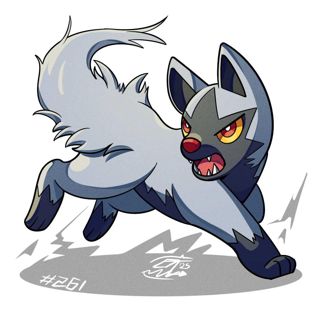 mistray-art, poochyena, nintendo, pokemon, colored sclera, gen 3 pokemon, grey fur, looking to the side, no humans, numbered, open mouth, pokemon (creature), red eyes, red sclera, signature, simple background, solo, tail, two-tone fur, white background