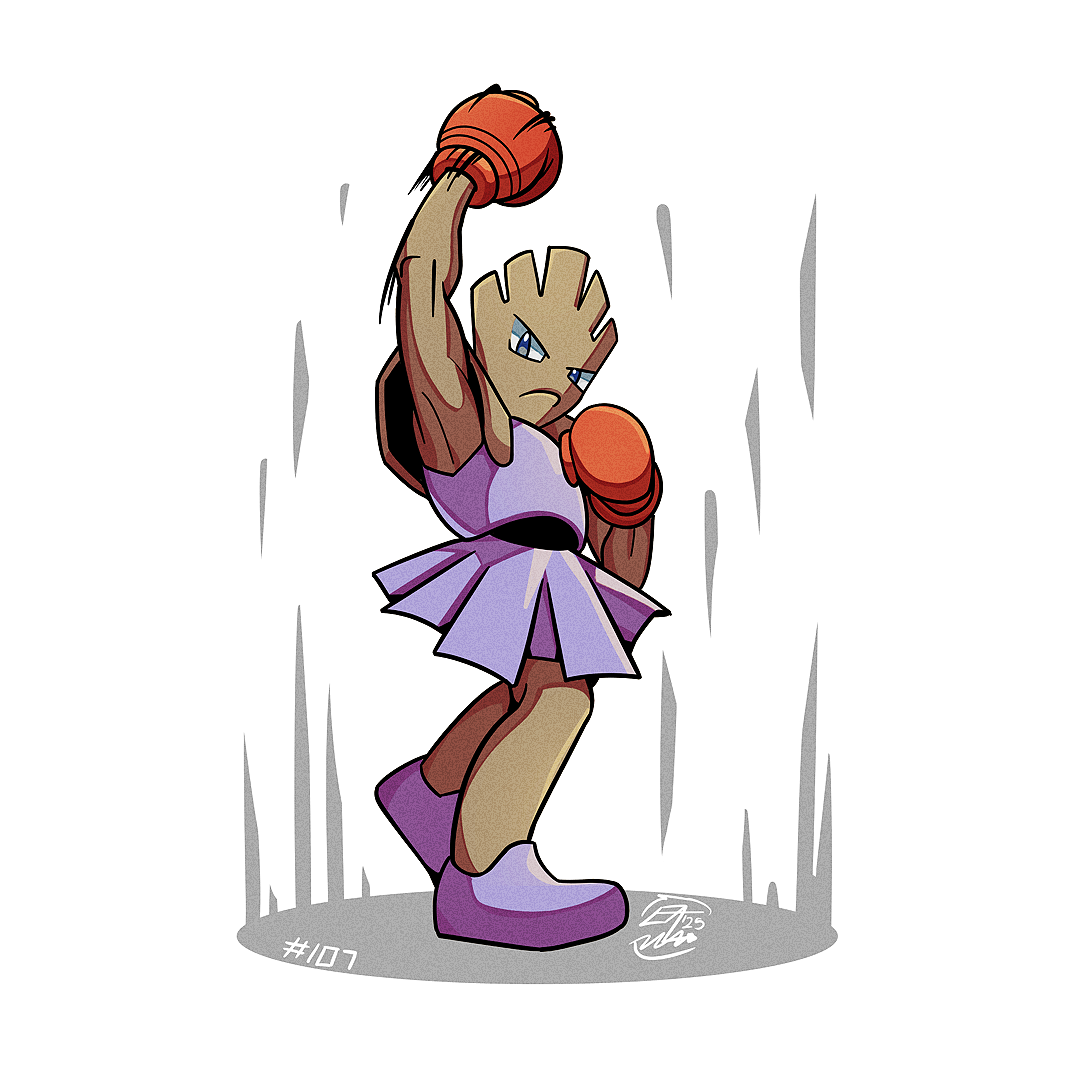 mistray-art, hitmonchan, nintendo, pokemon, boxing gloves, dress, gen 1 pokemon, gloves, looking at viewer, numbered, pokemon (creature), purple dress, purple shoes, red gloves, shoes, signature, simple background, solo, white background