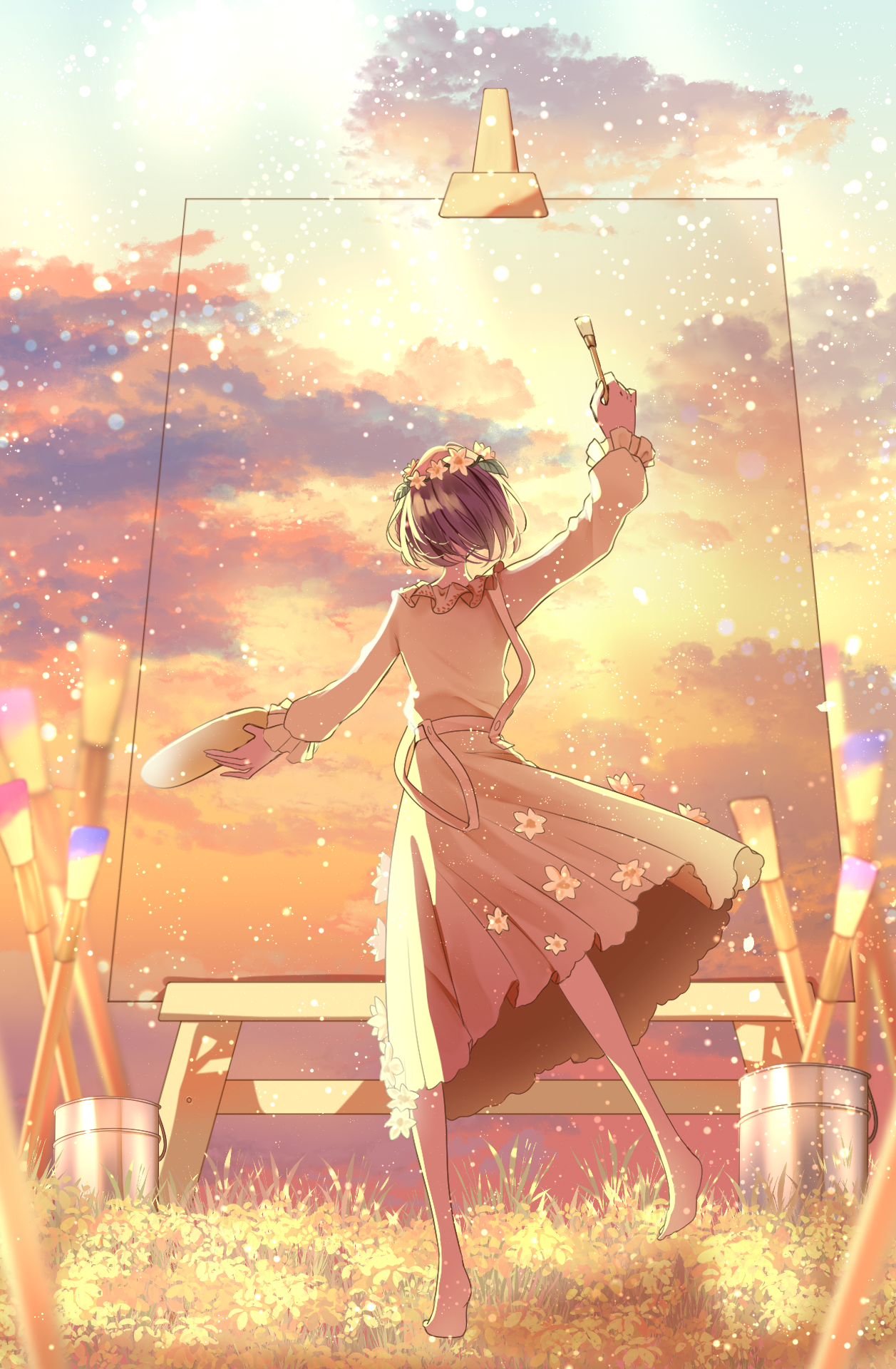 7naako5, shinonome ena, project sekai, commentary request, highres, 1girl, blending, bob cut, brown hair, bucket, canvas (object), dawn, dress, facing away, flower, flower dress, flower wreath, from behind, head wreath, holding, holding paint palette, holding paintbrush, mitasarenai pale color (project sekai), official alternate costume, paint palette, paintbrush, painting (action), short hair, solo, white dress, white flower