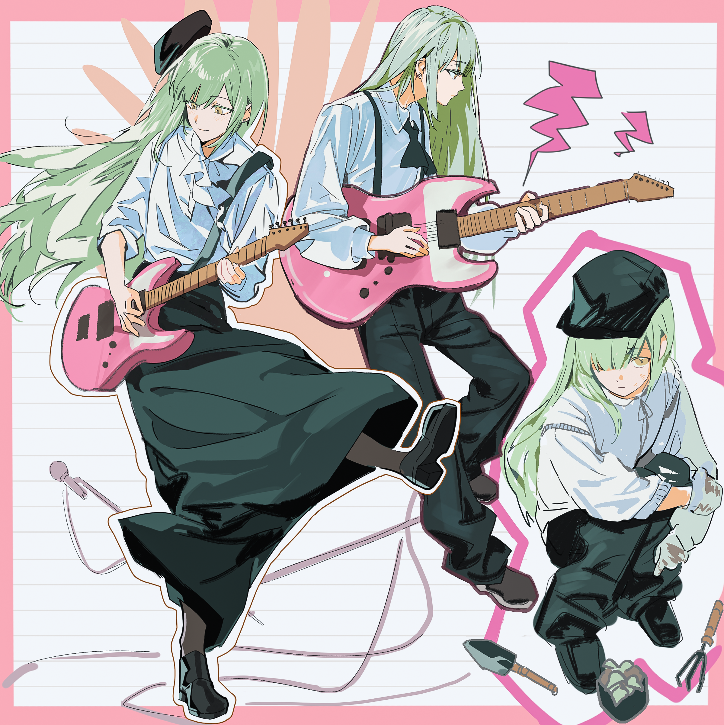 wakaba mutsumi, bang dream!, bang dream! it's mygo!!!!!, absurdres, chinese commentary, commentary request, highres, 1girl, beret, black pants, black shoes, black skirt, border, closed mouth, collared shirt, full body, gloves, green hair, guitar, haitaer, hat, holding, holding guitar, holding instrument, instrument, long hair, long sleeves, multiple views, music, pants, pink border, plant, playing guitar, playing instrument, potted plant, profile, shirt, shoes, shovel, sidelocks, skirt, squatting, standing, standing on one leg, suspenders, white shirt, yellow eyes