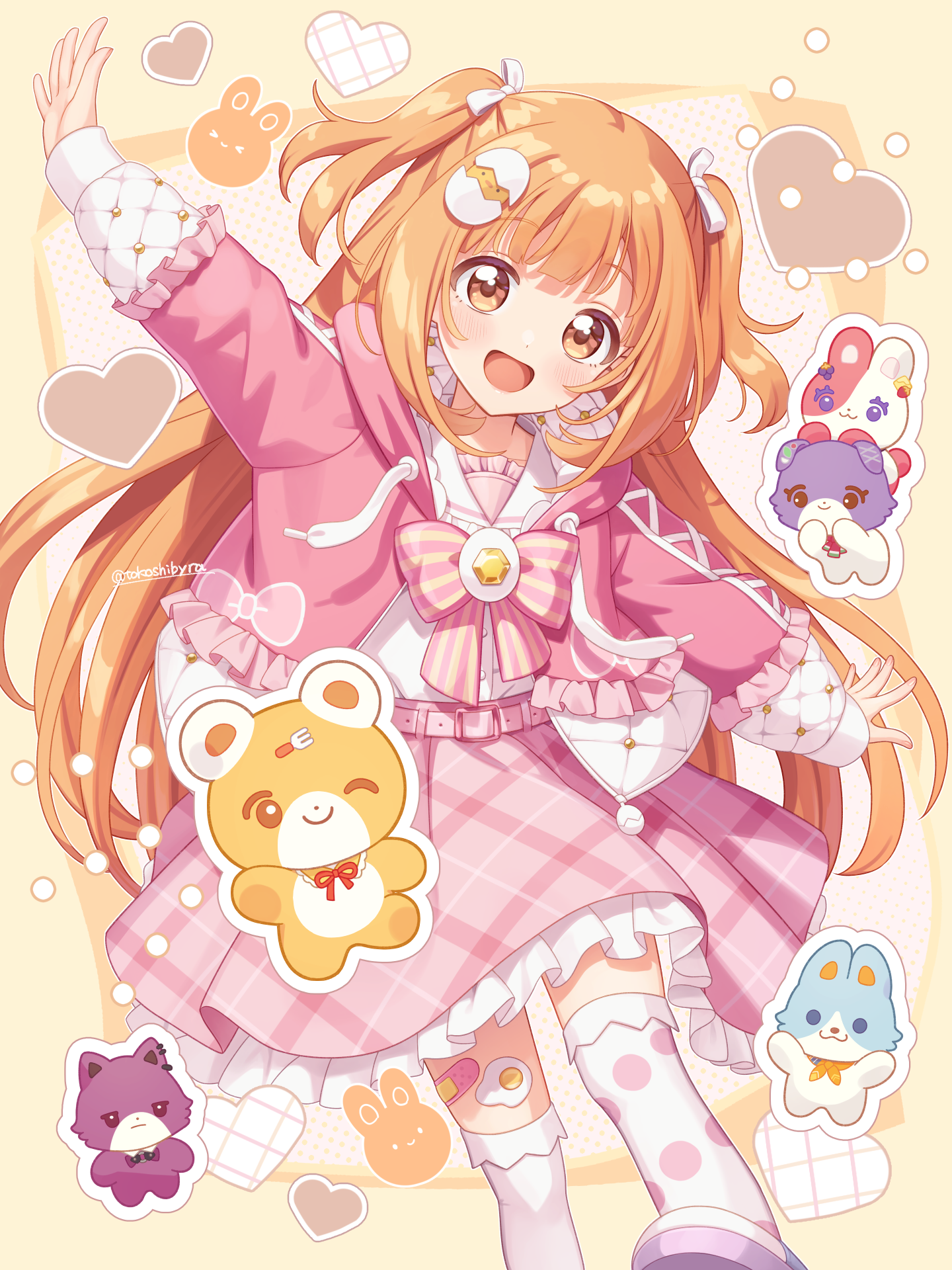 tokoshibyra, kirara tamako, kirara tamako (2nd costume), nagisa trout, nanase suzuna, sakayori soma, saotome berry, nijisanji, commentary request, highres, 1girl, :d, animalization, arm up, blush, bow, bowtie, creature, drawstring, egg hair ornament, feet out of frame, food-themed hair ornament, frilled sailor collar, frilled skirt, frills, hair ornament, hair ribbon, heart, hood, hood down, hooded jacket, jacket, long hair, long sleeves, looking at viewer, open clothes, open jacket, open mouth, orange eyes, orange hair, outstretched arms, over-kneehighs, person and animalization, pink bow, pink bowtie, pink jacket, pink skirt, plaid clothes, plaid skirt, polka dot, polka dot thighhighs, purple shoes, quilted jacket, ribbon, sailor collar, school uniform, serafuku, shirt, shoes, skirt, smile, solo, speciale (nijisanji), spread arms, standing, striped bow, striped bowtie, striped clothes, thighhighs, twitter username, two side up, virtual youtuber, white ribbon, white sailor collar, white shirt, white thighhighs