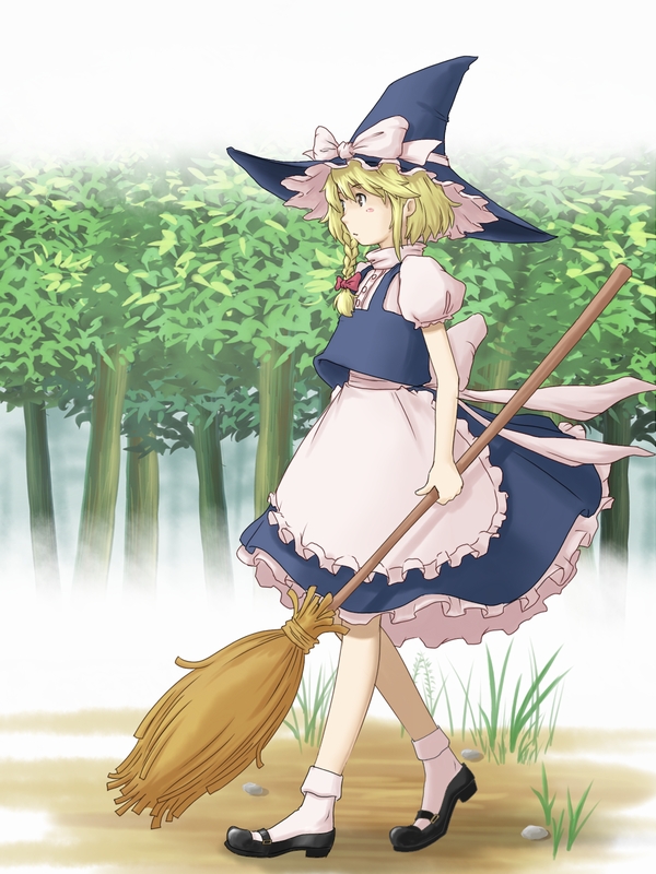 eau, kirisame marisa, touhou, 1girl, blonde hair, braid, broom, female focus, forest, full body, hat, nature, outdoors, plant, skirt, solo, walking, witch, witch hat