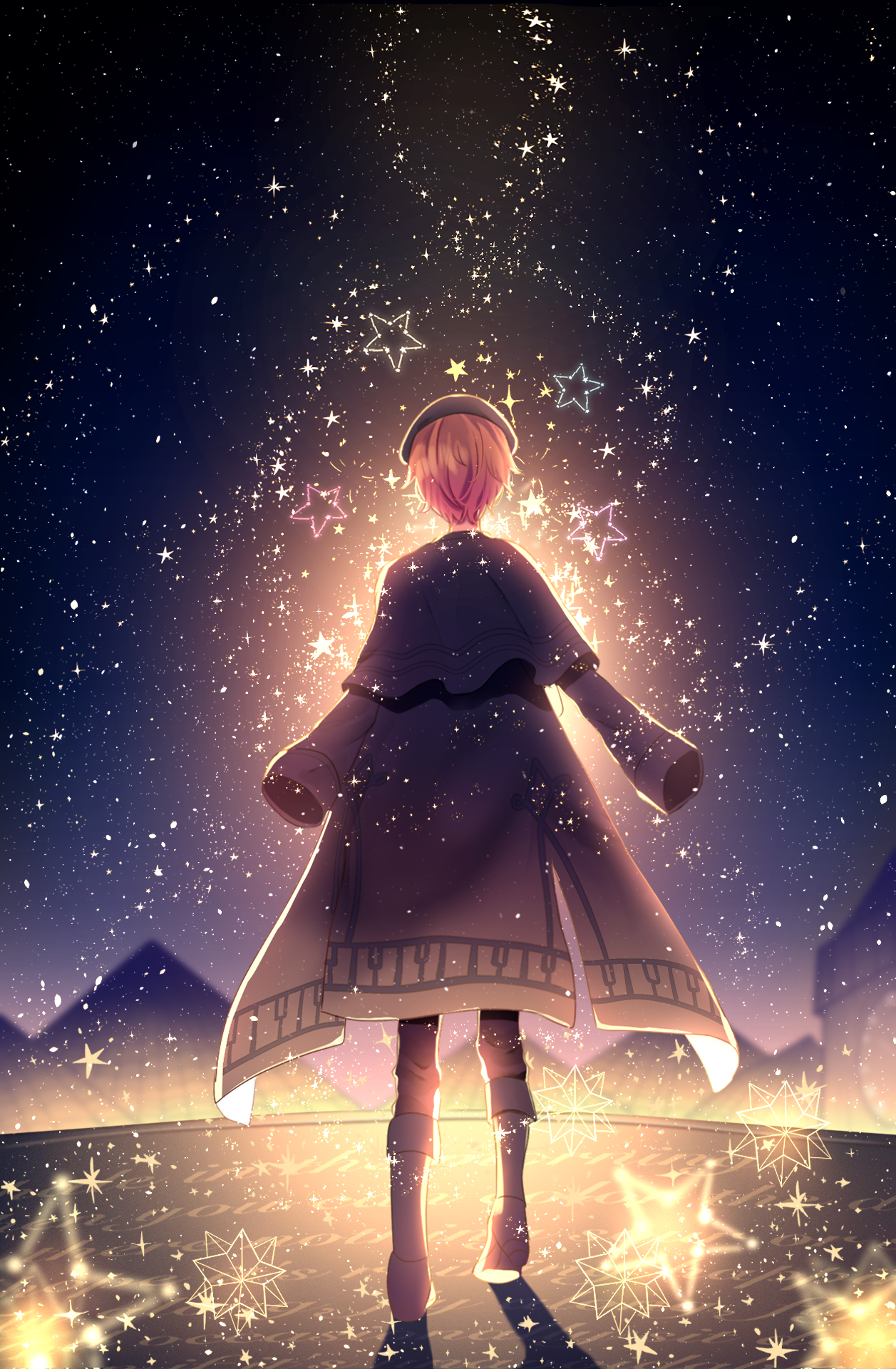 7naako5, tenma tsukasa, project sekai, commentary, highres, 1boy, black capelet, black coat, black pants, boots, capelet, coat, coat on shoulders, facing away, from behind, full body, long sleeves, mabayui hikari no stage de (project sekai), male focus, mountainous horizon, official alternate costume, pants, sky, solo, star (sky), star (symbol), starry sky, white boots