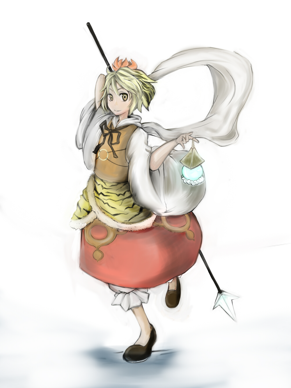 wakie, toramaru shou, touhou, highres, 1girl, animal print, bishamonten's pagoda, blonde hair, female focus, hair ornament, long sleeves, looking at viewer, multicolored hair, polearm, shawl, short hair, skirt, smile, solo, spear, streaked hair, tiger print, weapon, yellow eyes